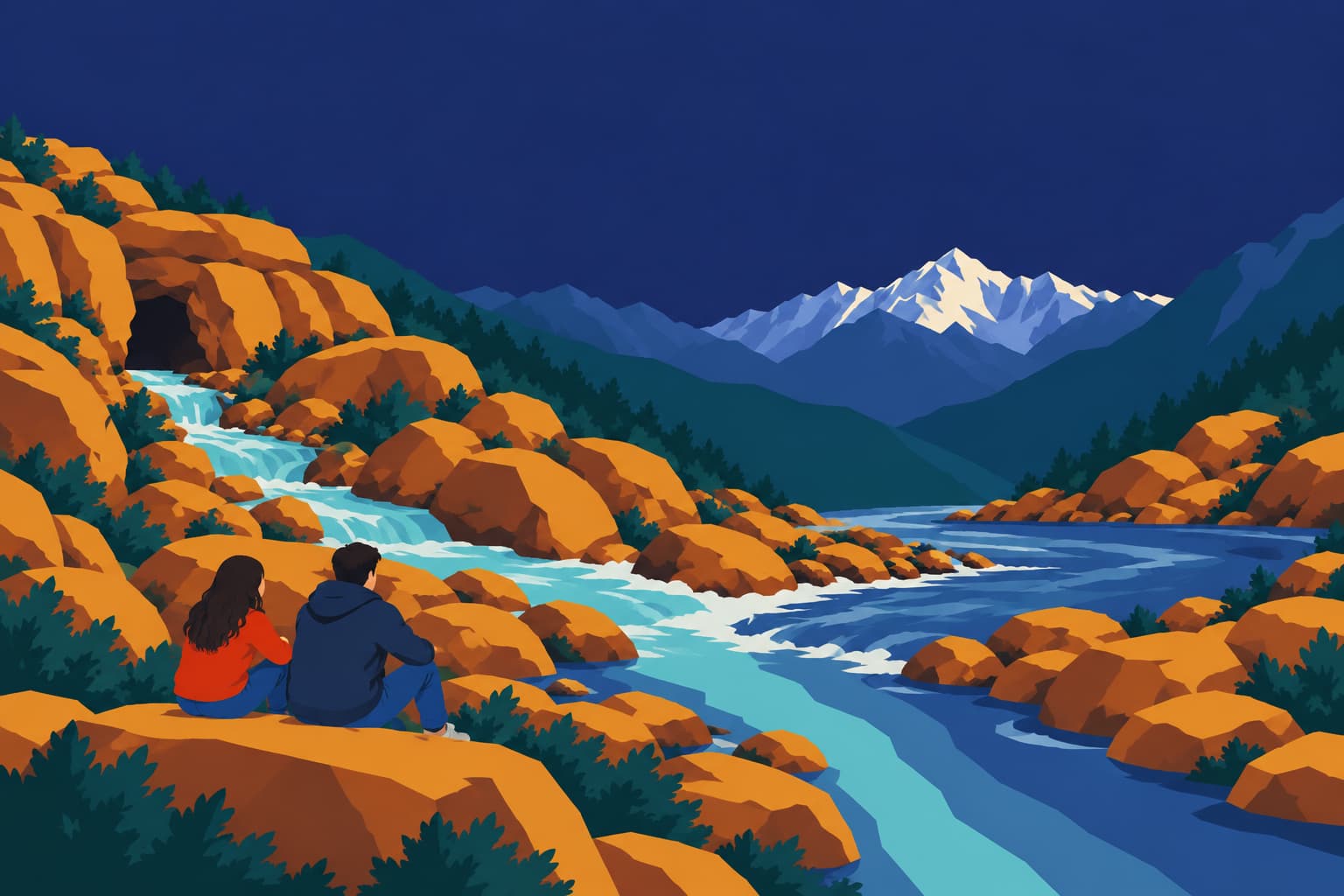 A young woman in a vermilion sweater and a young man in a navy hooded jacket, seen from behind on a boulder, watching two mountain rivers meet at Keshav Prayag near Mana at night, one turquoise and one slate blue, running on together as one river below a snow peak