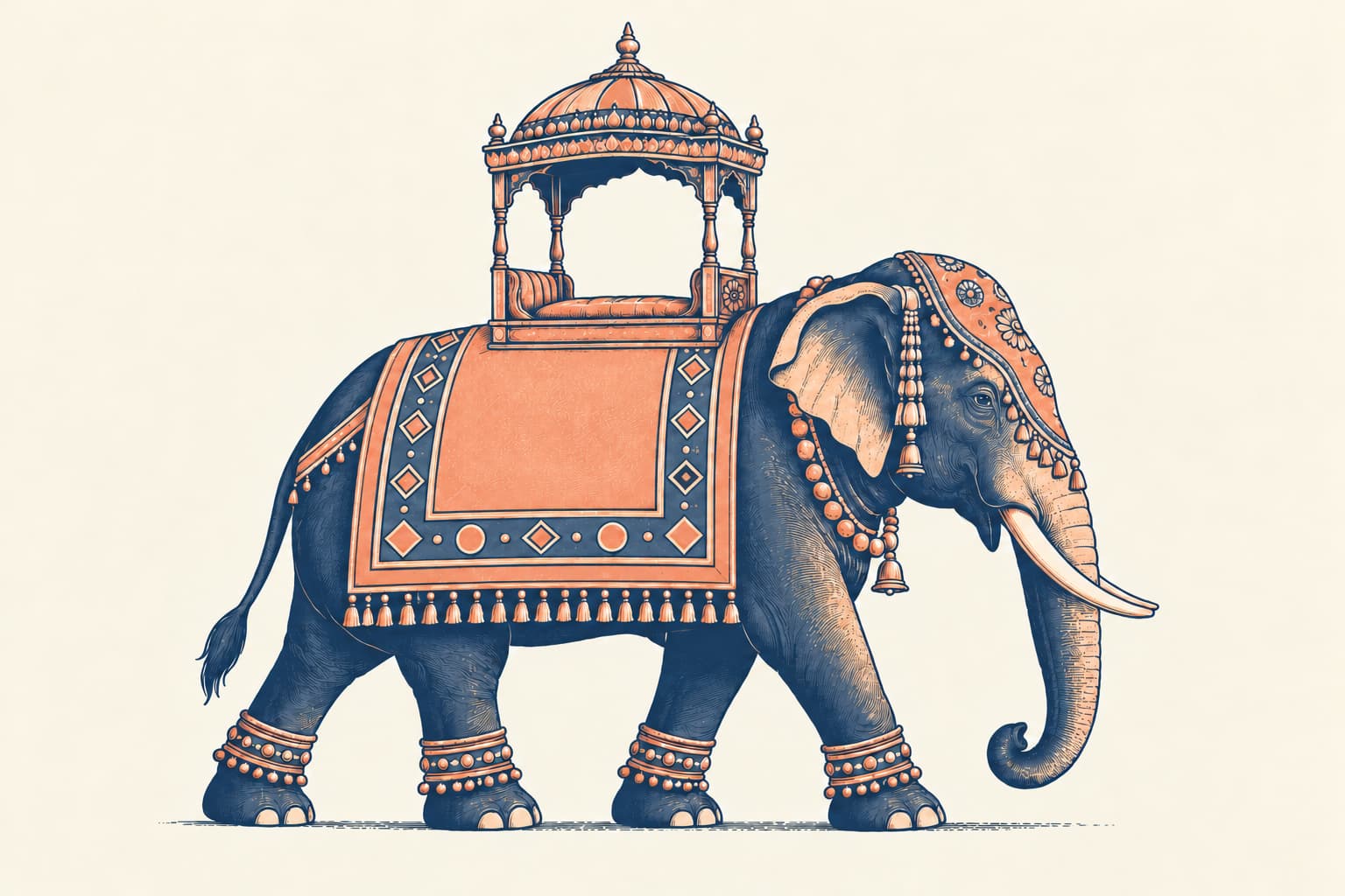 An Indian elephant in side view wearing a decorated caparison and an ornate, empty howdah on its back