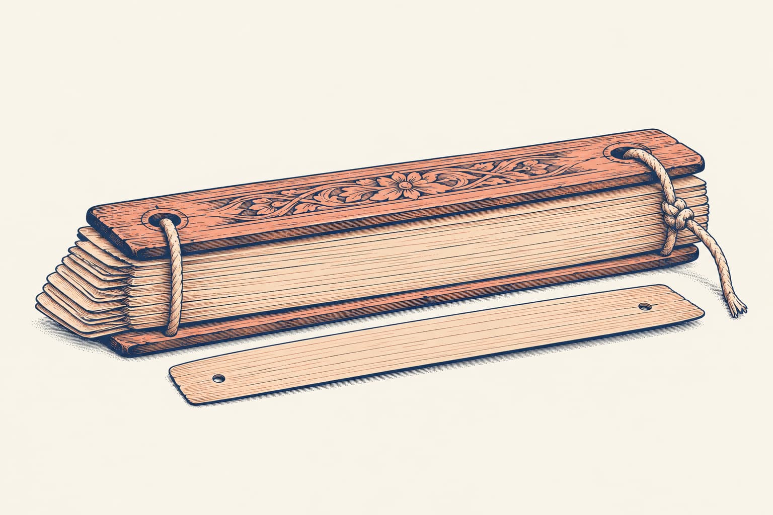 A bundle of old palm-leaf manuscript leaves between two carved wooden boards, tied with a cord, with one loose leaf lying in front