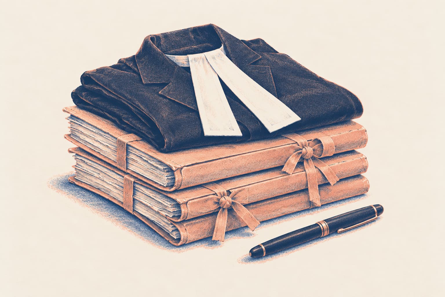An advocate's black coat with white neck bands folded on a stack of tied case files beside a fountain pen, drawn in night blue and rose on warm paper