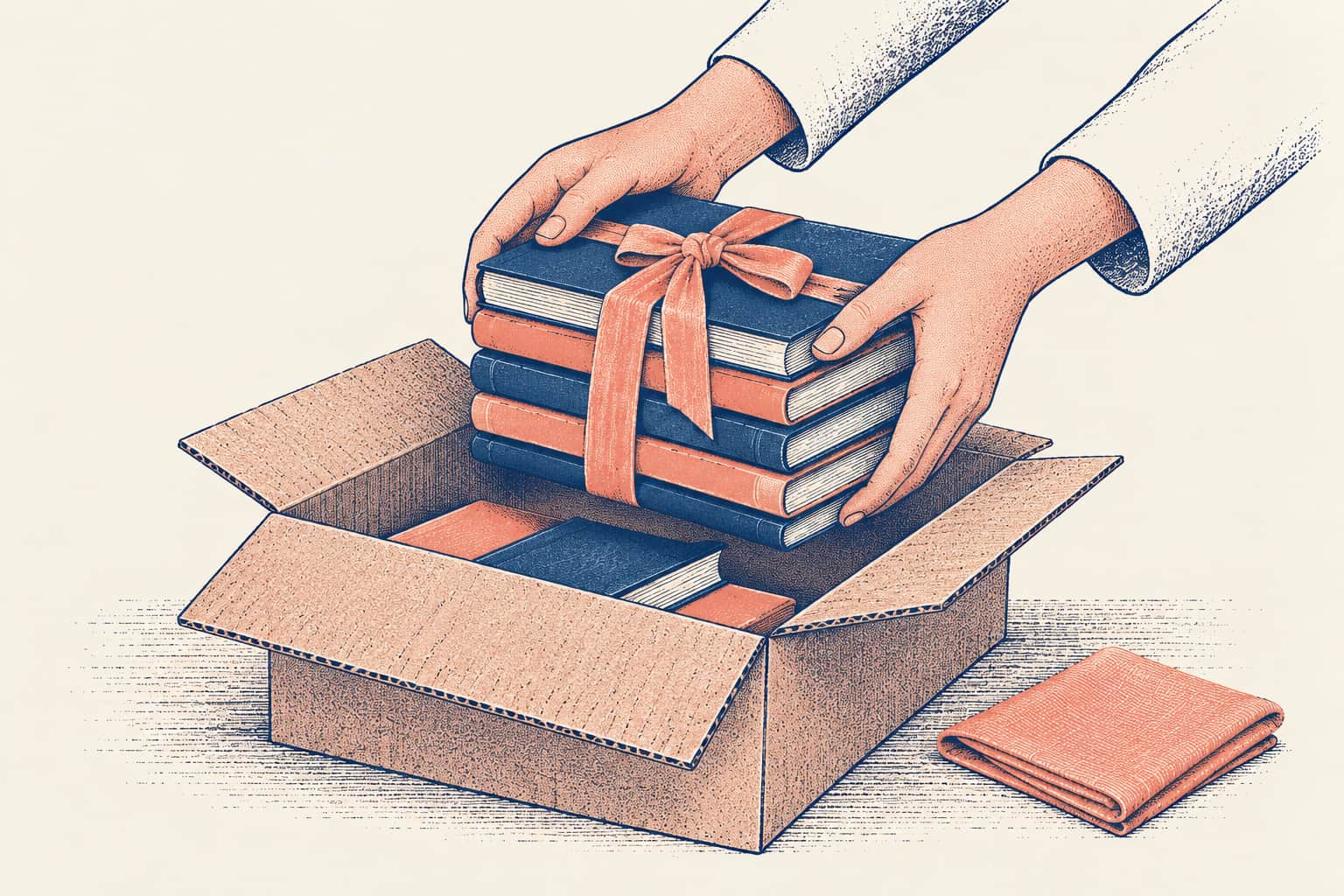 Two hands lowering a stack of schoolbooks tied with a ribbon into a cardboard donation box, drawn in night blue and rose on warm paper