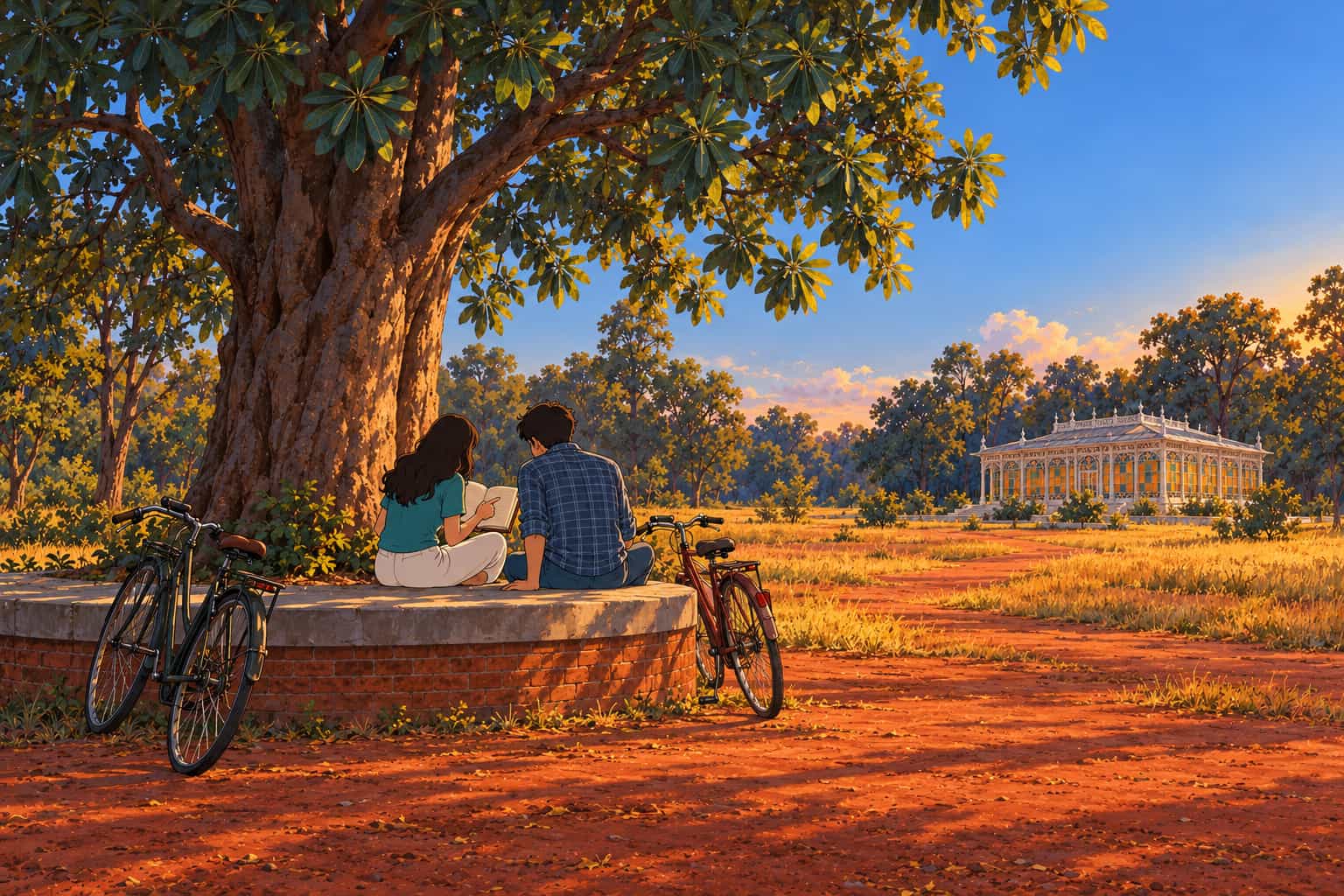 A young woman seen from behind explaining a line in an open book to a young man under a large chhatim tree in Santiniketan, two bicycles beside them and the glass prayer hall in the distance