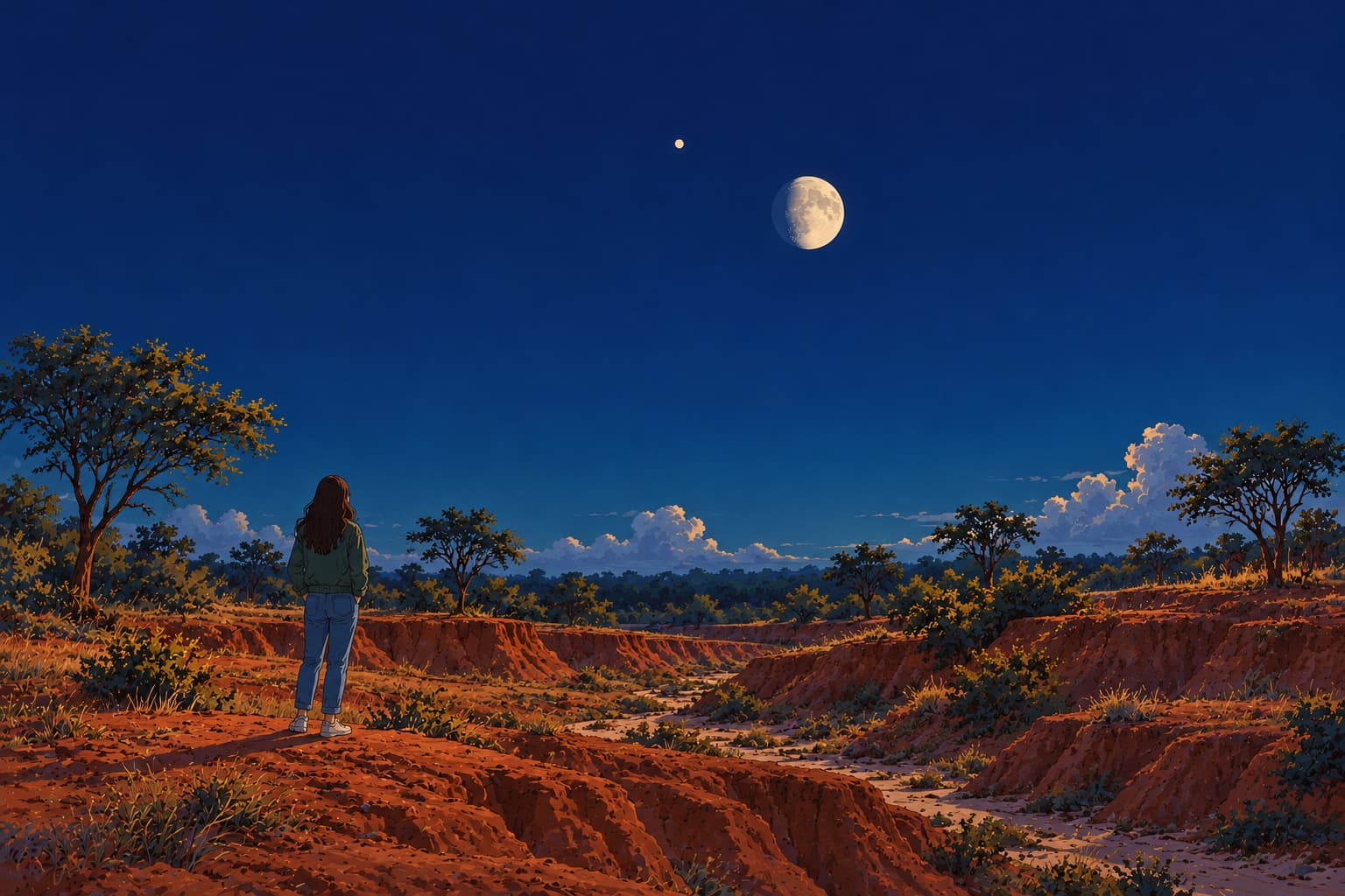 A young woman seen from behind on a red laterite ridge of the Khoai near Santiniketan at night, looking up at a bright gibbous Moon with Jupiter just above it