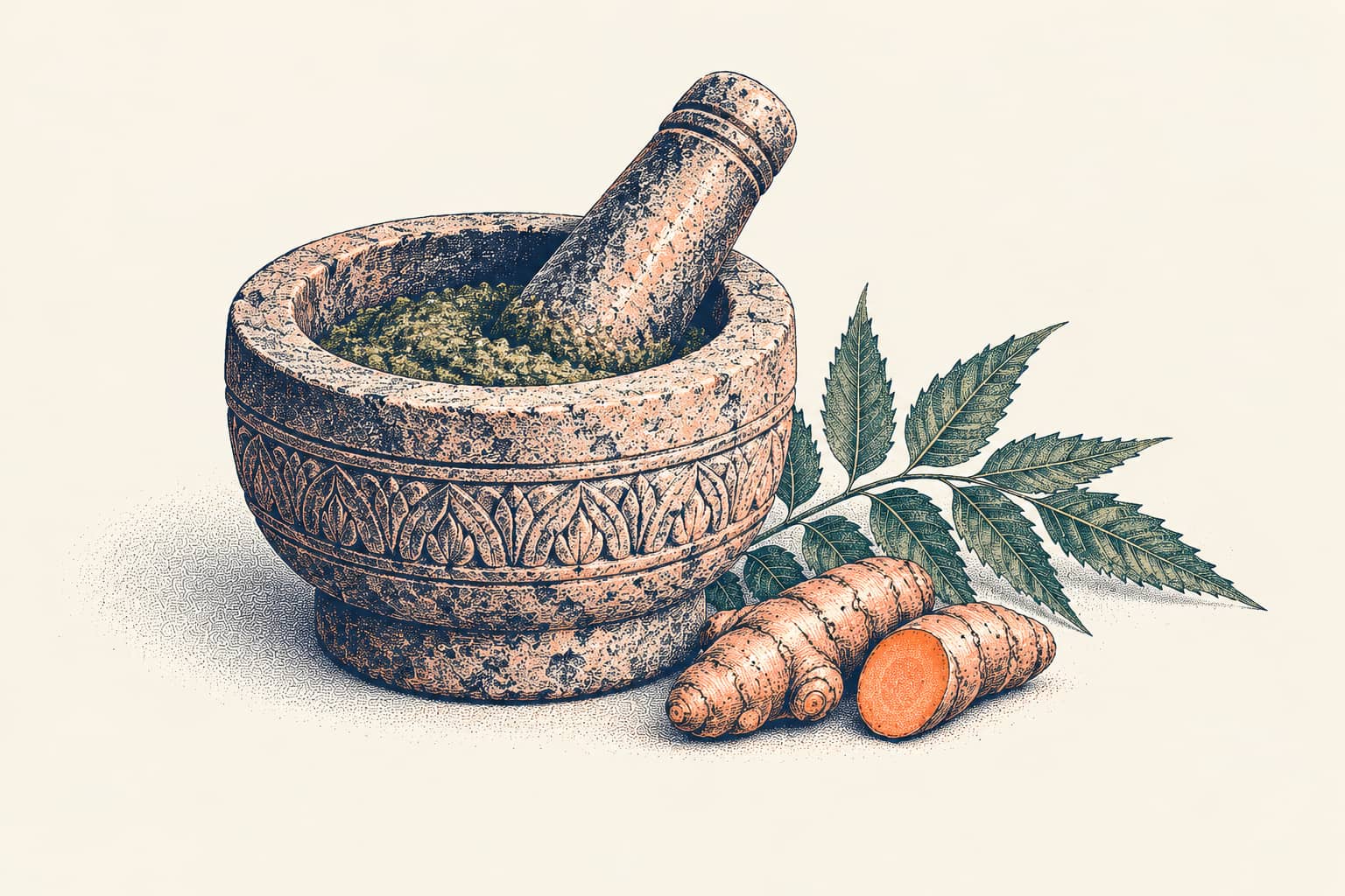 A carved stone mortar of ground neem paste beside a sprig of neem leaves and fresh turmeric roots