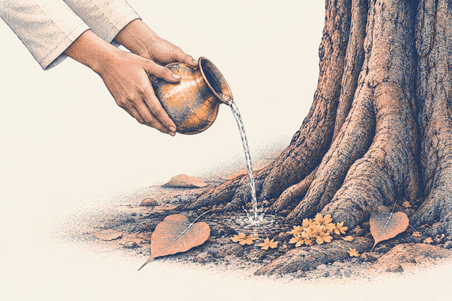 Two hands pouring water from a brass lota onto the roots of a peepal tree, with marigold petals at its base