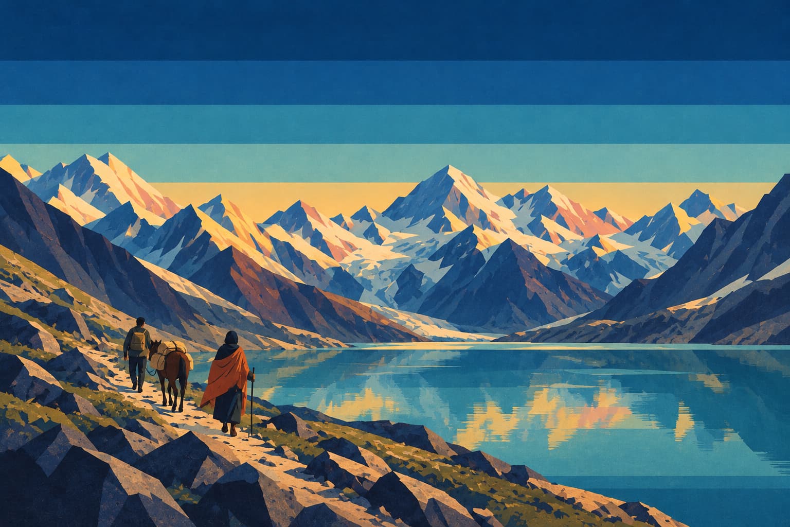 Two pilgrims and a pack pony walking the trail above Sheshnag Lake at first light, the snow peaks lit gold