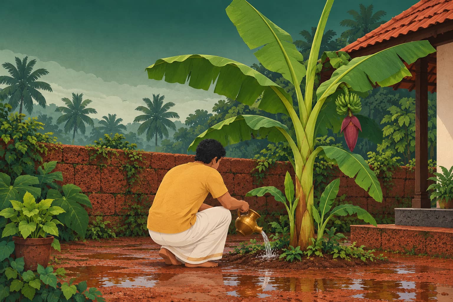 A young man seen from behind pouring water from a brass kindi at the foot of a banana plant in a wet Kerala courtyard
