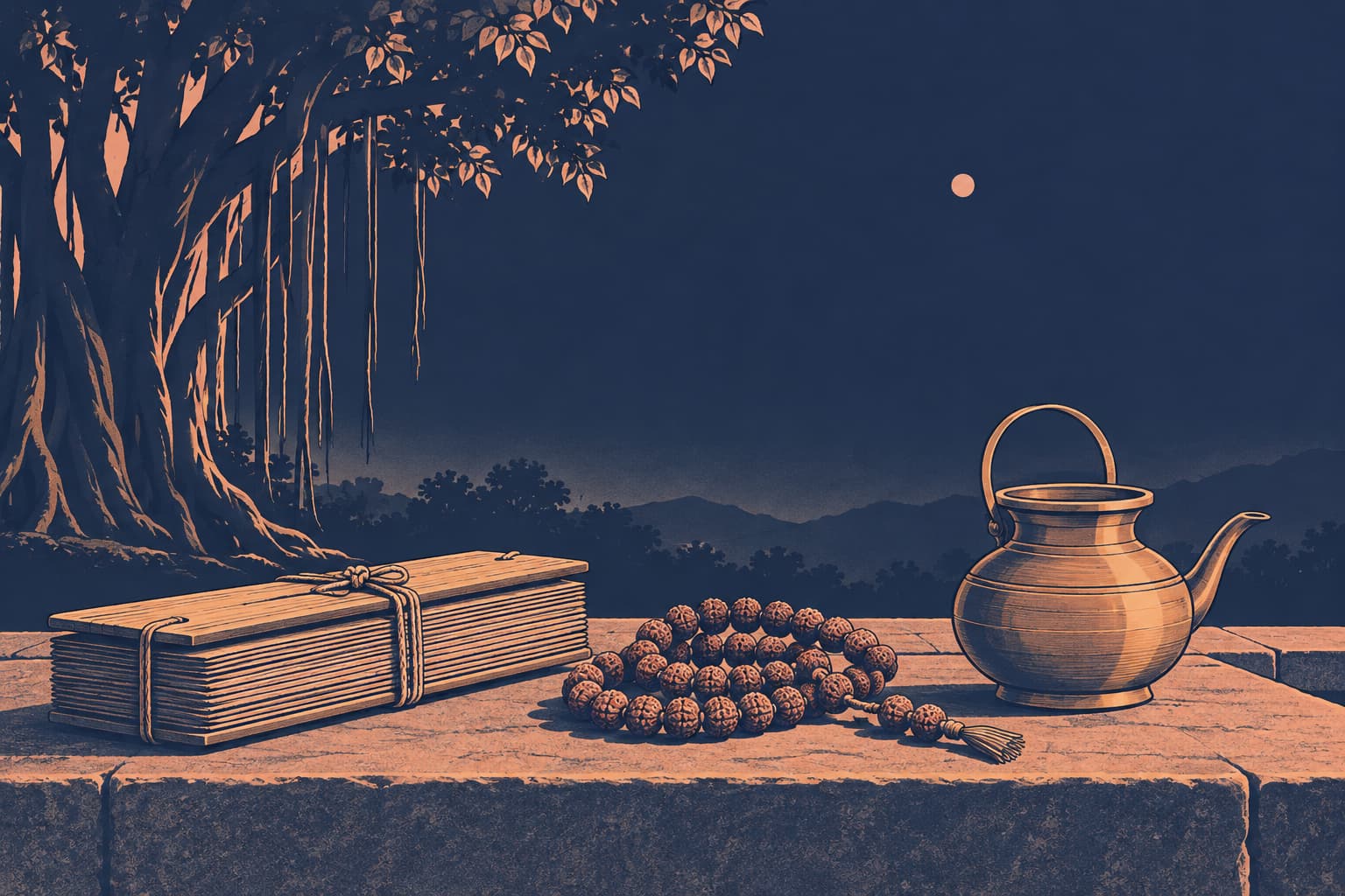 A bundle of palm-leaf manuscripts, a rudraksha rosary and a brass water pot on a stone ledge under a banyan tree, with Jupiter in the night sky