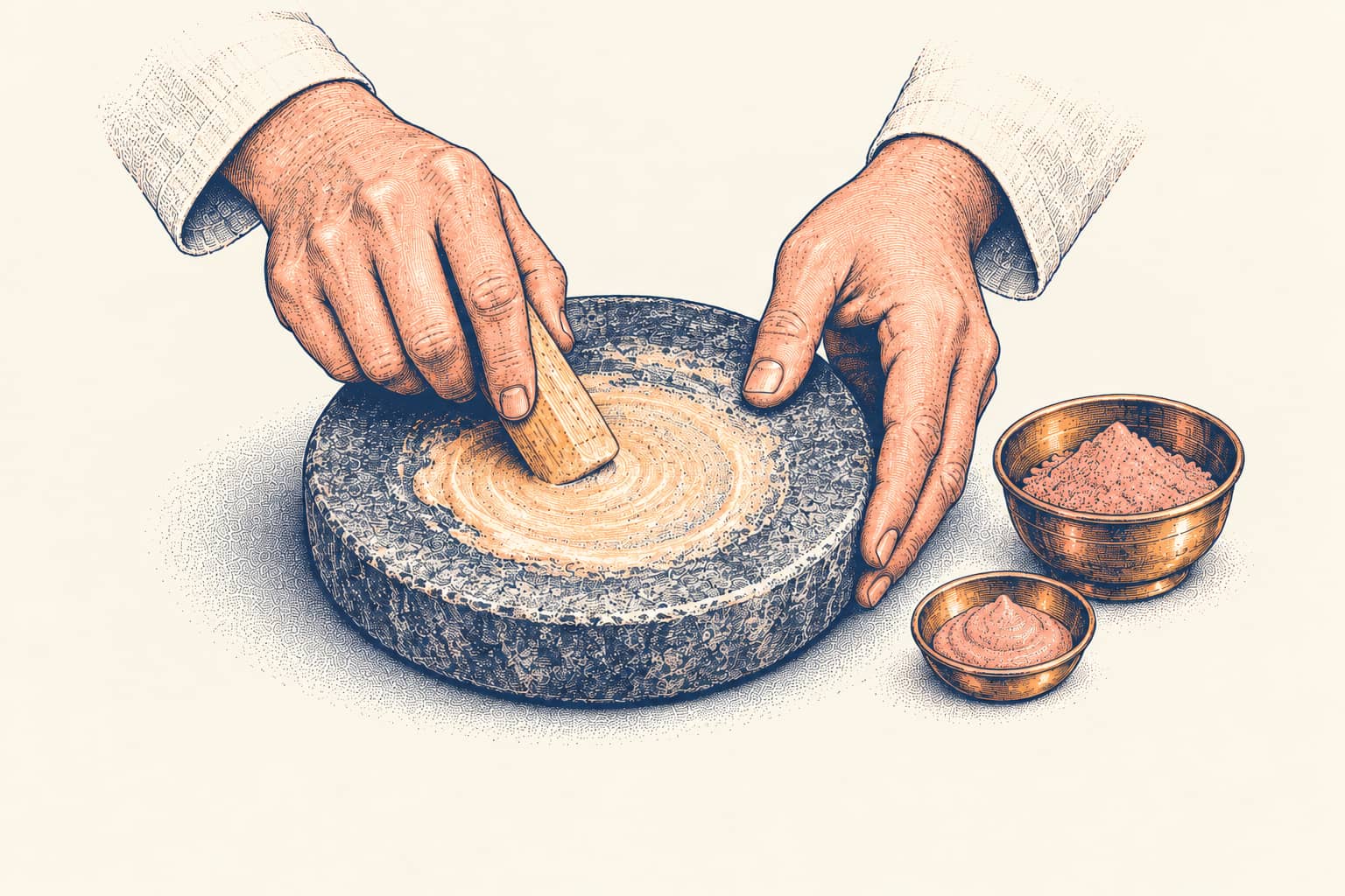 Two hands rubbing a sandalwood stick on a wet grinding stone beside small brass bowls of turmeric powder and paste