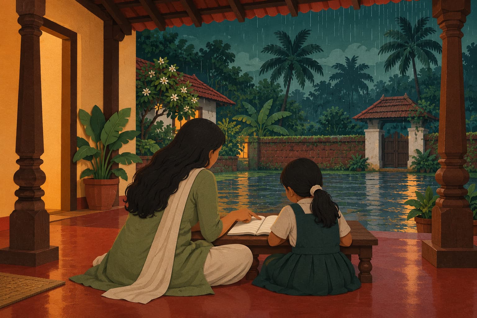A young woman seen from behind helping a schoolchild with an exercise book on the verandah of an old Kerala house during monsoon rain