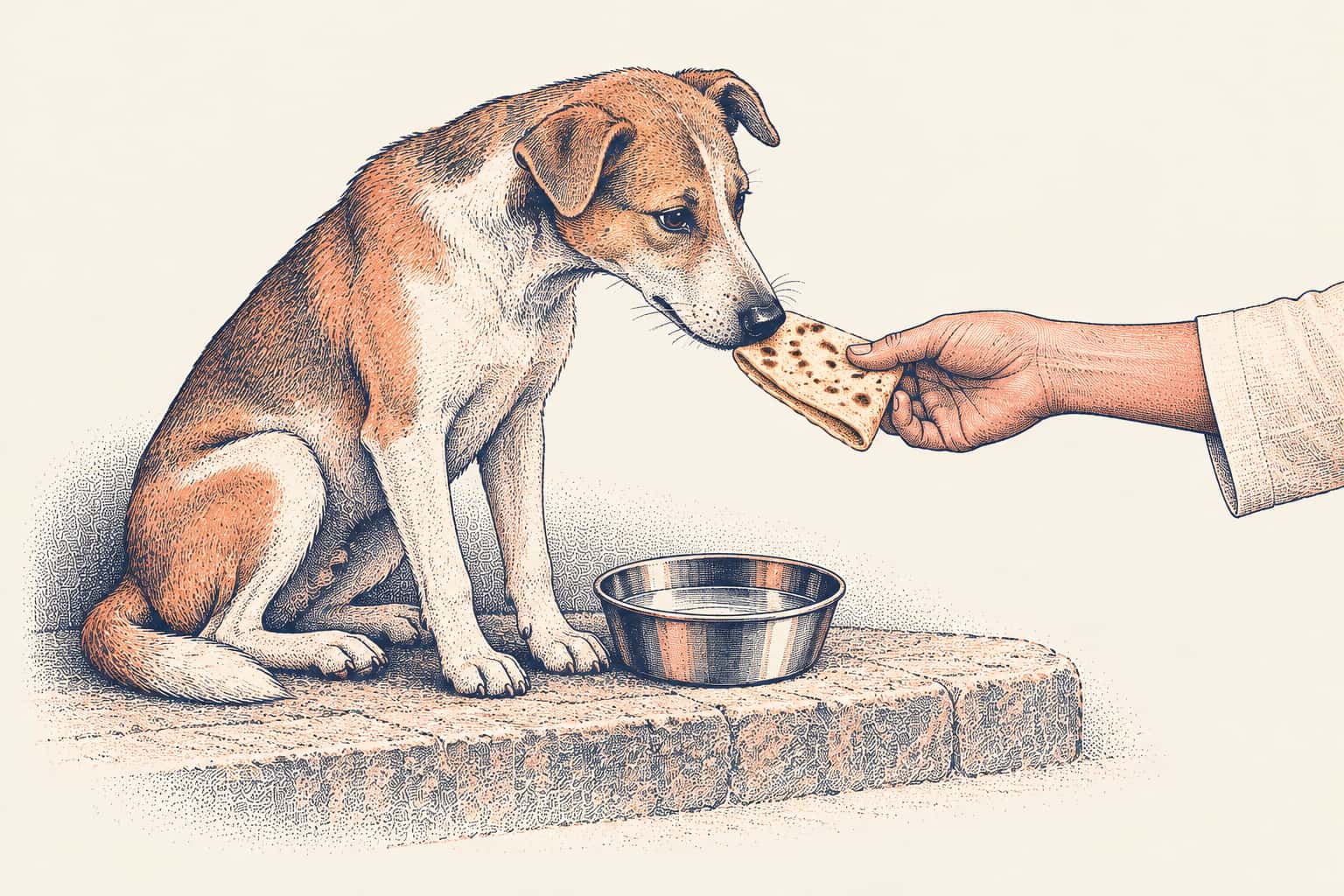 A hand offers a folded roti to a street dog sitting on a stone step beside a steel bowl of water