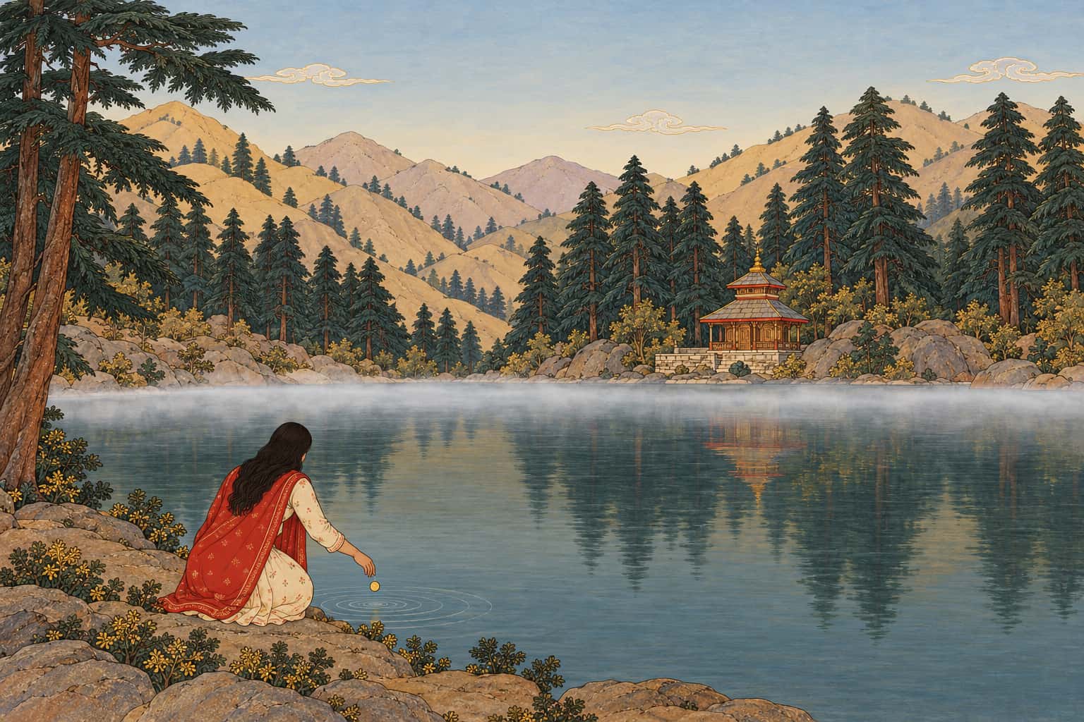 A young woman kneels at the edge of Kamrunag Lake in Mandi at first light and drops a coin into the water, the small Naga temple on the far bank