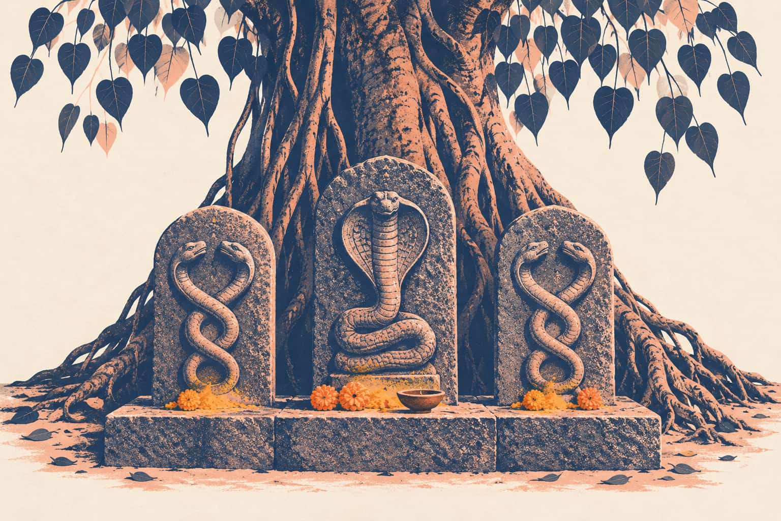 Three carved nagakal serpent stones at the foot of a peepal tree, with turmeric, marigolds and a small clay lamp at their bases