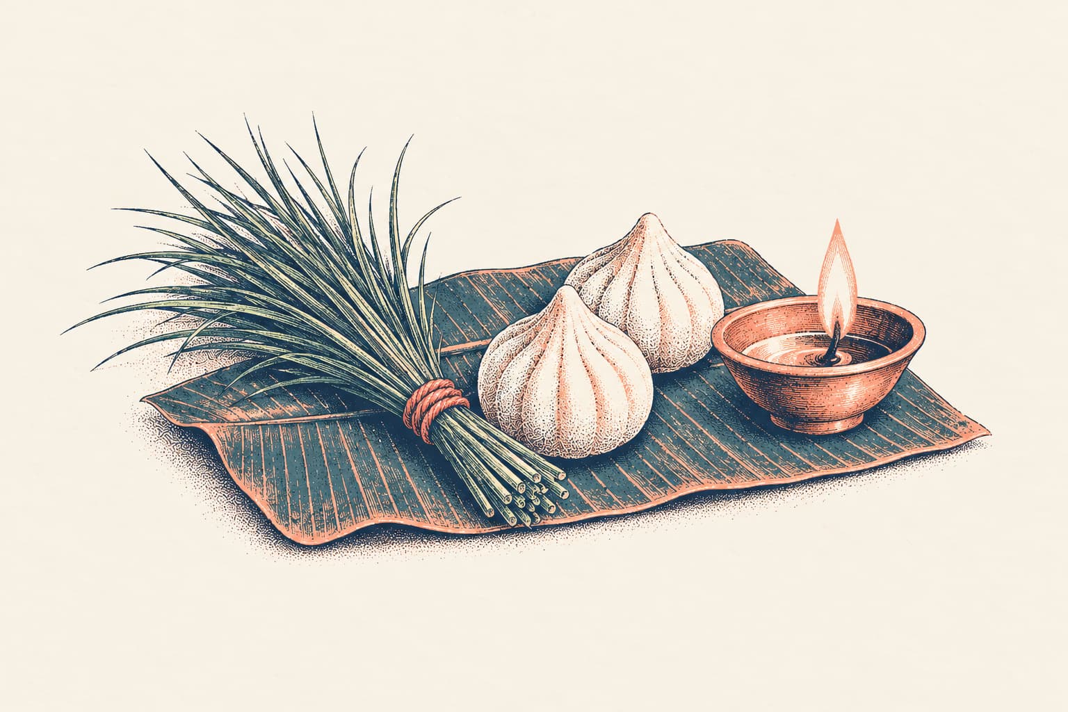A small bundle of durva grass tied with red thread, two modak and a lit clay diya on a piece of banana leaf