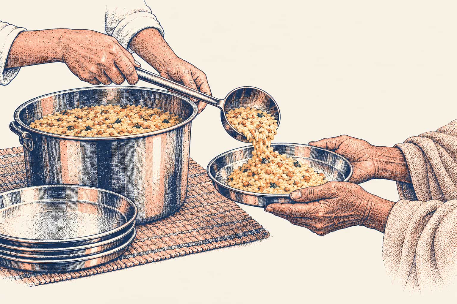Two hands ladling khichdi from a large steel pot into a steel plate held out by an older person's hands, with more plates stacked on a woven mat
