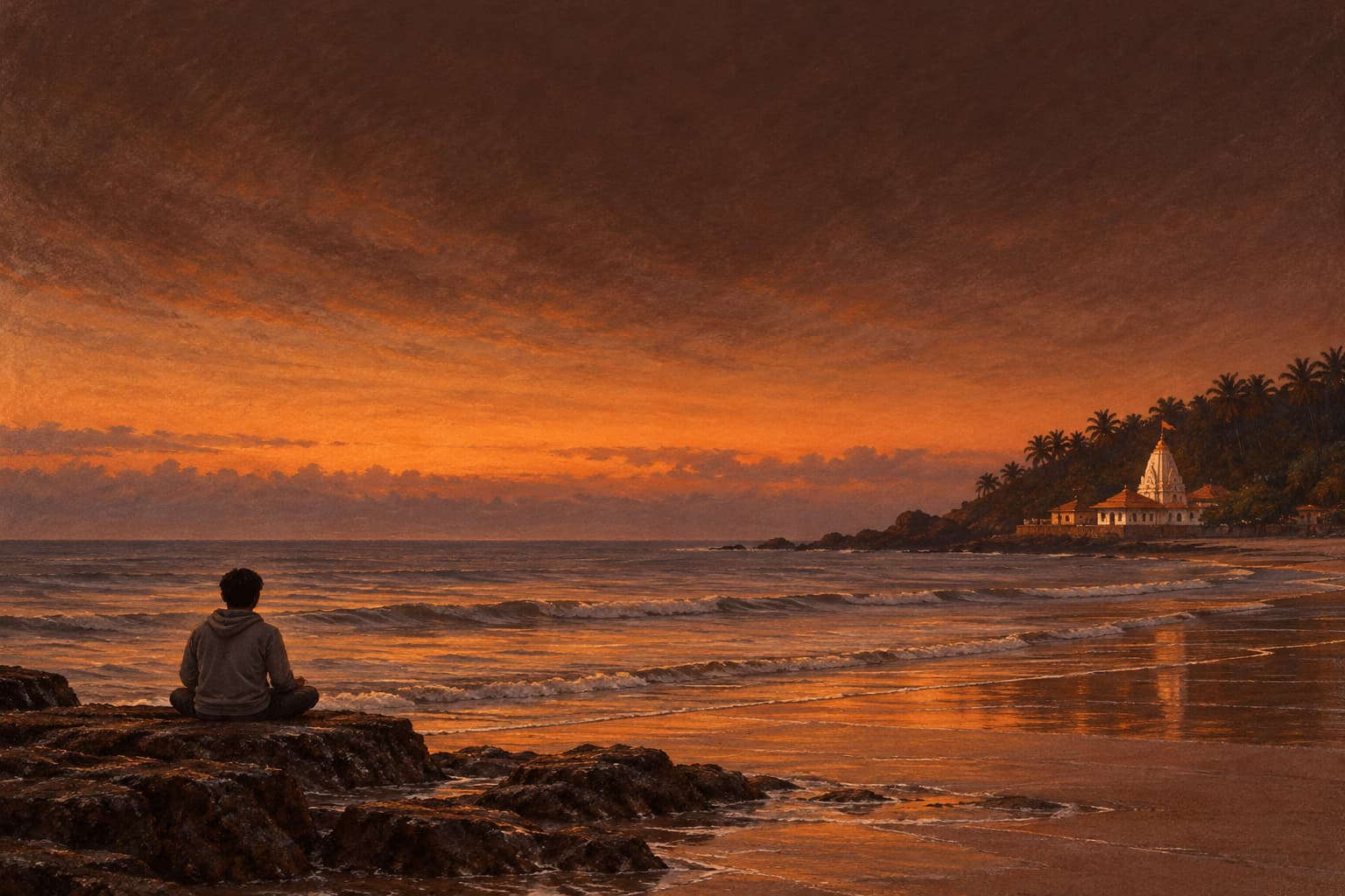 A young person in a hoodie sitting cross-legged on a dark rock at the water's edge at Ganpatipule at first light, the shore temple small under its palm-covered hill on the right