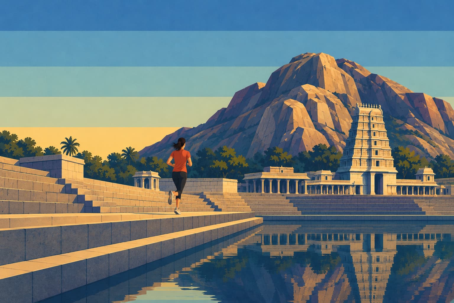 A young woman in running clothes seen from behind running along the stepped edge of the temple tank at Thiruparankundram at first light, with the granite hill and the gopuram ahead