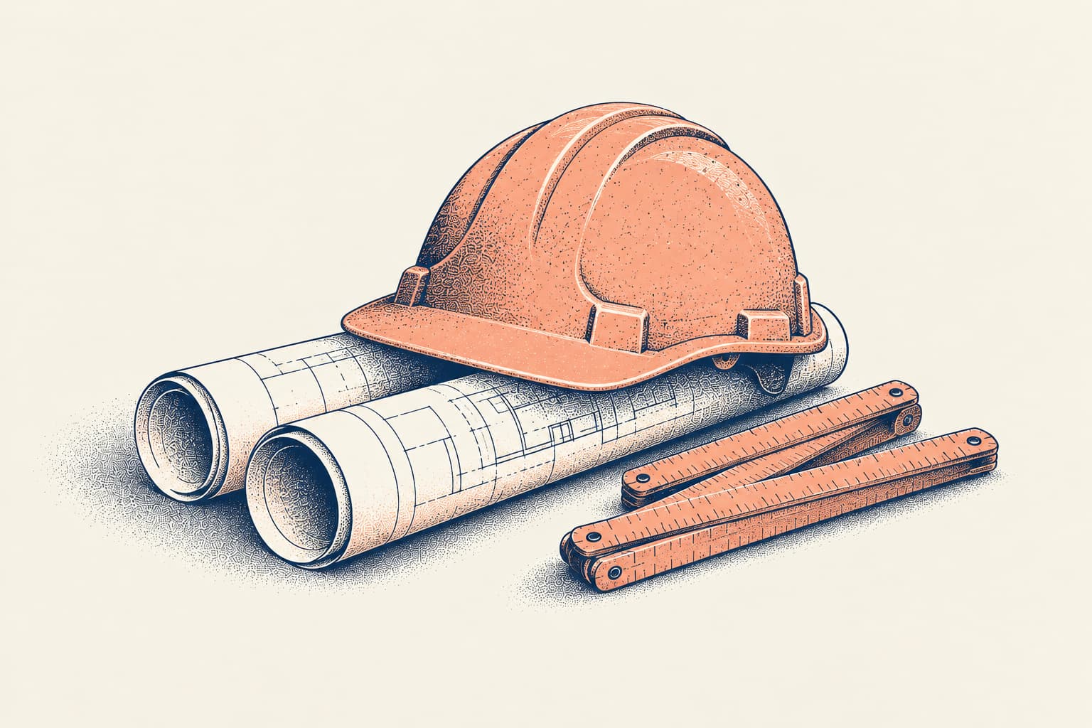 A safety hard hat resting on two rolled-up site drawings beside a folded carpenter's ruler, drawn in night blue and rose on warm paper