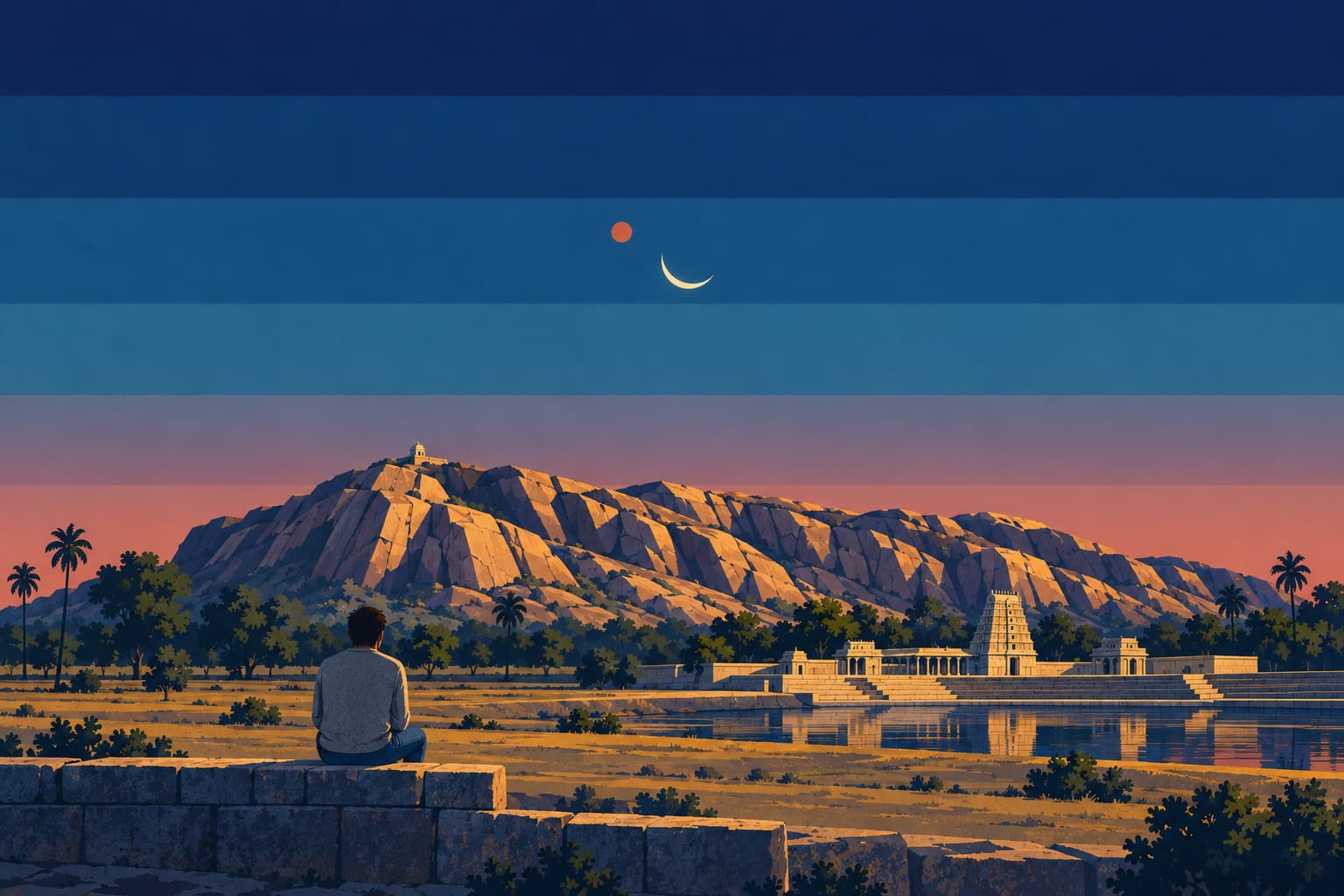 A young man in a grey sweater seen from behind on a low stone wall at dusk, with a thin crescent Moon and Mars just above it over the granite hill of Thiruparankundram