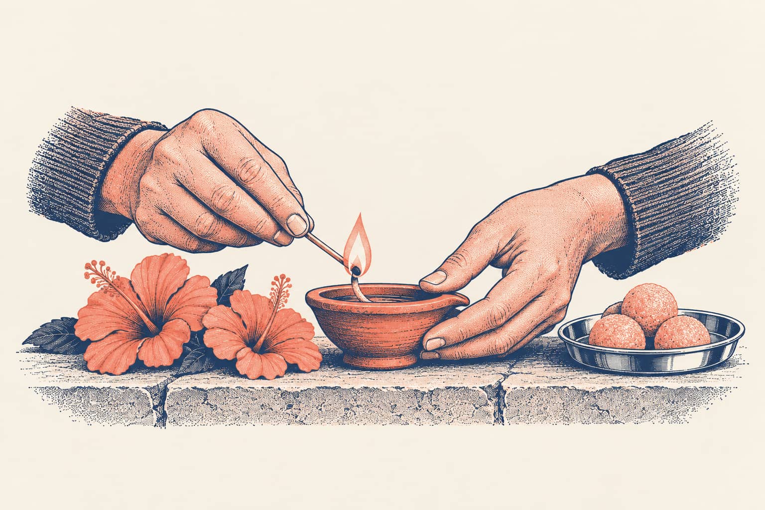 Two hands lighting a small clay oil lamp on a stone ledge beside red hibiscus flowers and a steel plate of round sweets, drawn in night blue and rose on warm paper