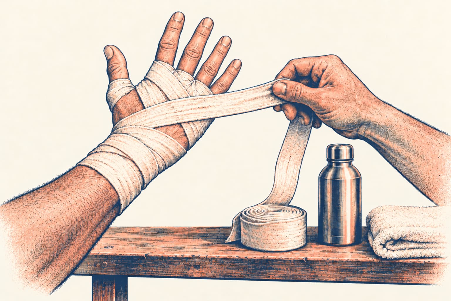 Two hands wrapping a cotton boxing hand wrap across the knuckles before training, with a coiled wrap, a steel water bottle and a folded towel on a wooden bench