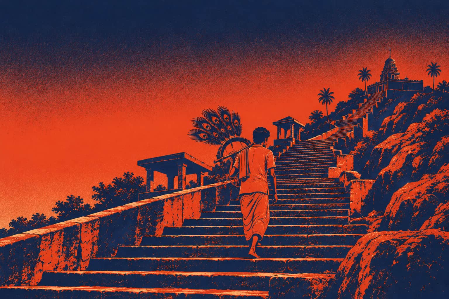 A young man in a saffron dhoti climbing the long stone stairway of Palani hill at first light with a small wooden kavadi decorated with peacock feathers on his shoulder