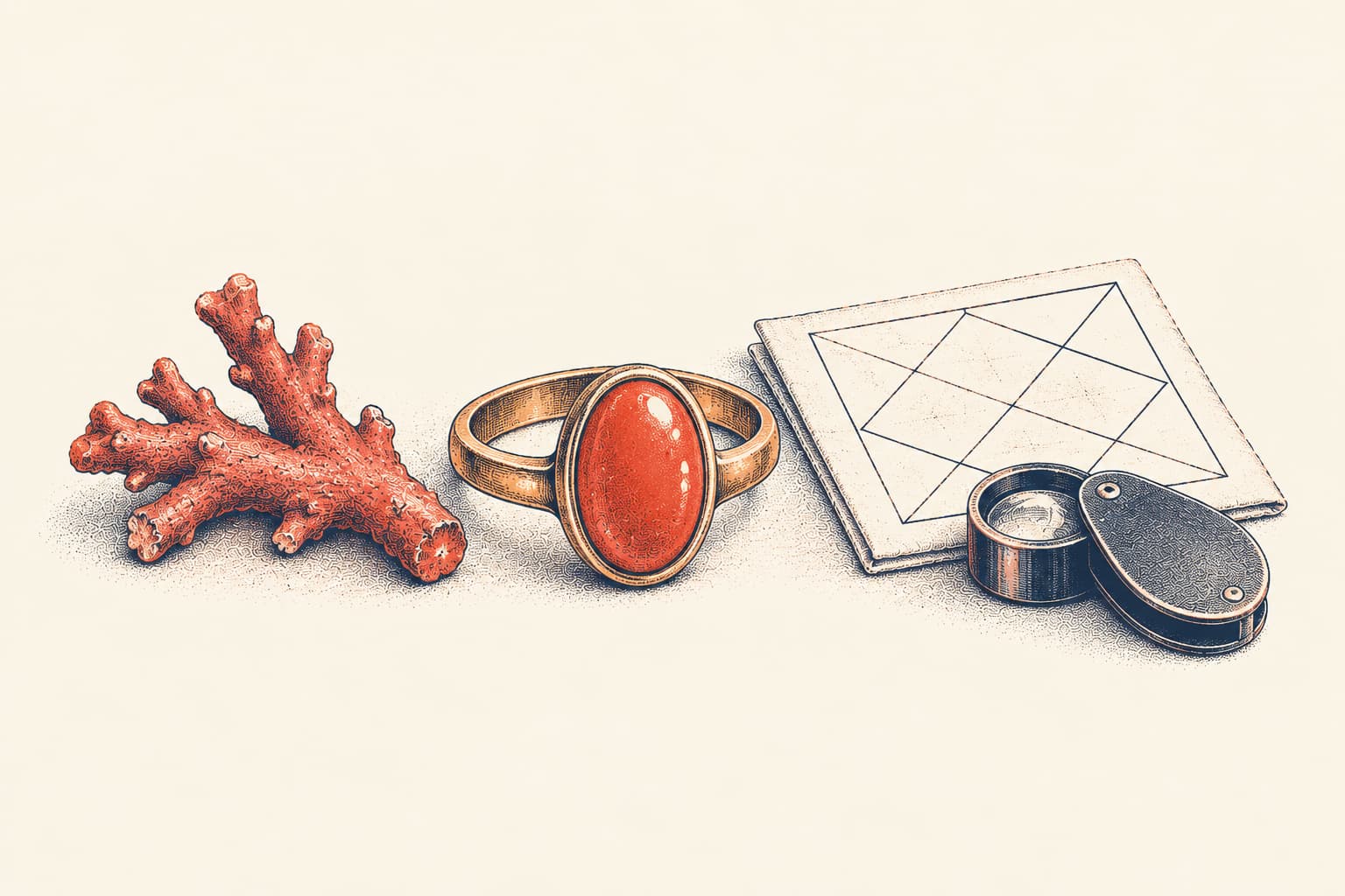 A raw branch of red coral, a gold ring set with an oval red coral, a folded blank birth-chart sheet and a jeweller's loupe in a row on plain paper