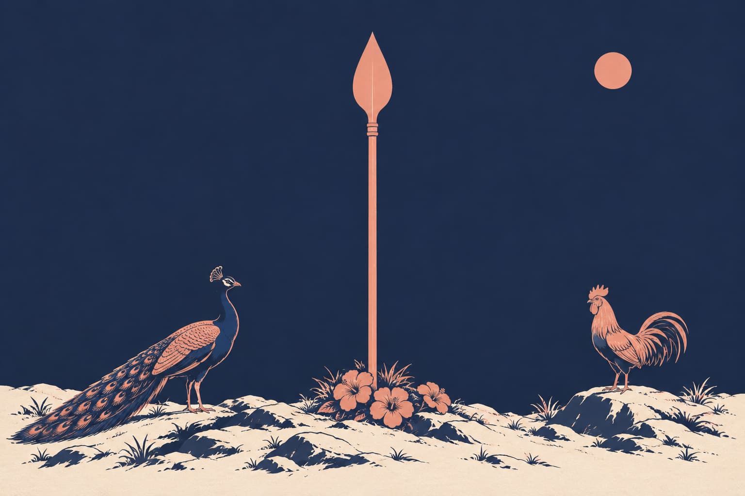 A tall leaf-bladed vel planted in a hilltop mound with hibiscus at its foot, a peacock on the left, a rooster on the right and Mars as a small disc in the night sky