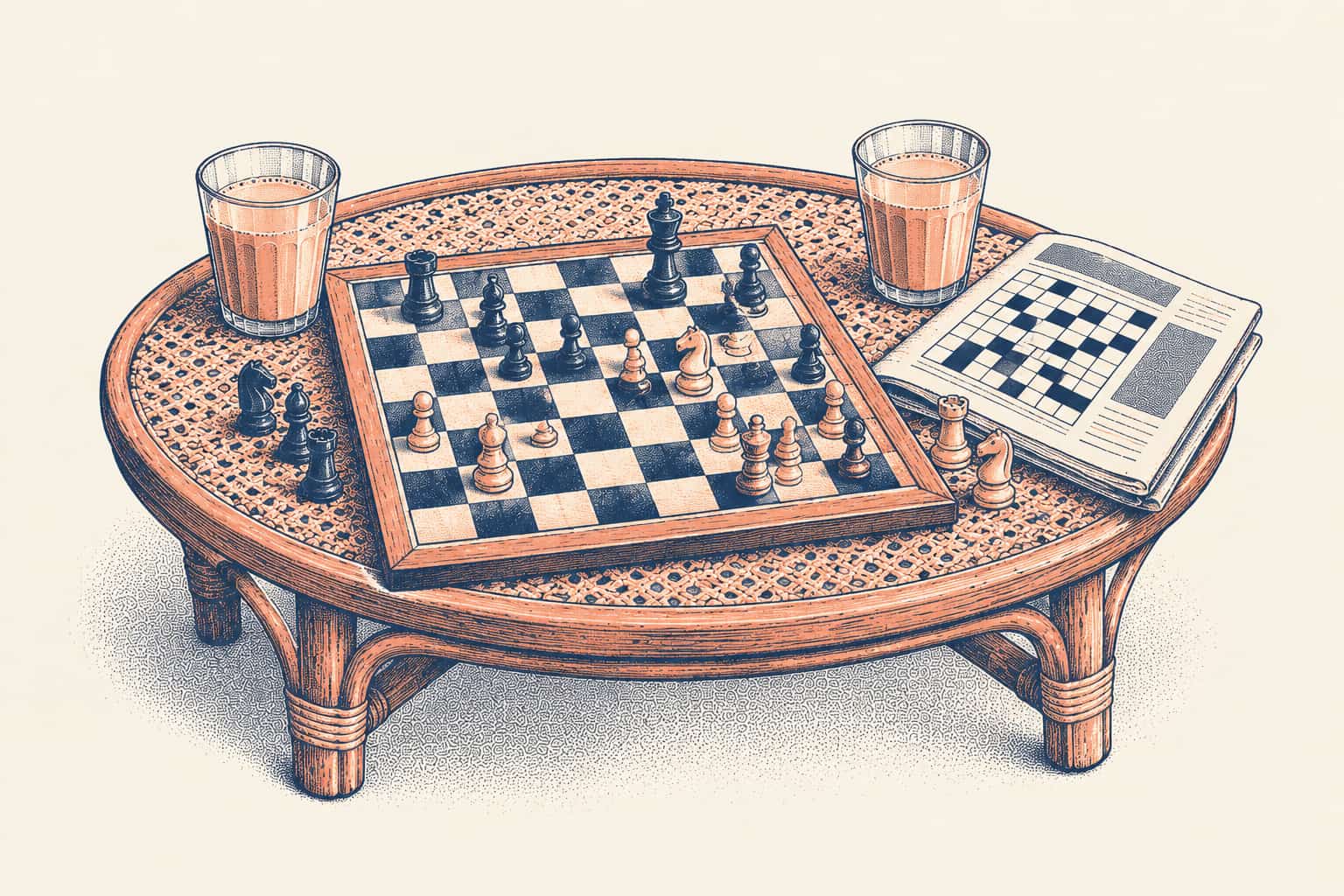 A low cane table with a chessboard in the middle of a game, two glasses of chai on either side and a folded newspaper with a half-done crossword