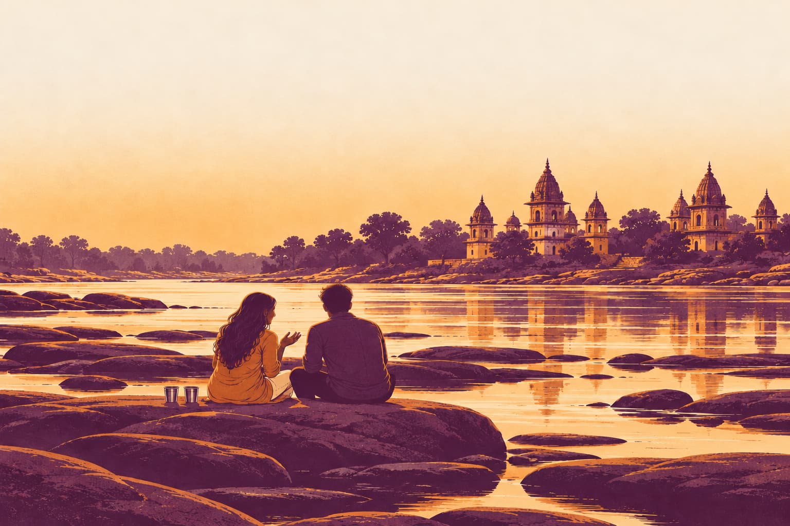 A young couple seen from behind sitting on a flat granite rock by the Betwa river at Orchha in the early morning, she gesturing as she talks and he leaning in, two steel tumblers of tea beside them and the chhatris small on the far bank