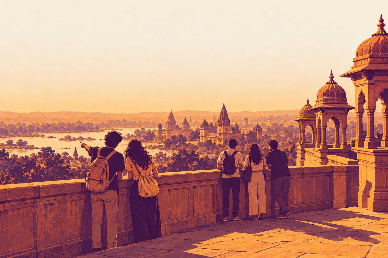 Two college students seen from behind at a sandstone parapet of the Jahangir Mahal in Orchha in late afternoon, one pointing across the Betwa valley while the other leans in to look, a small group of classmates further along the terrace