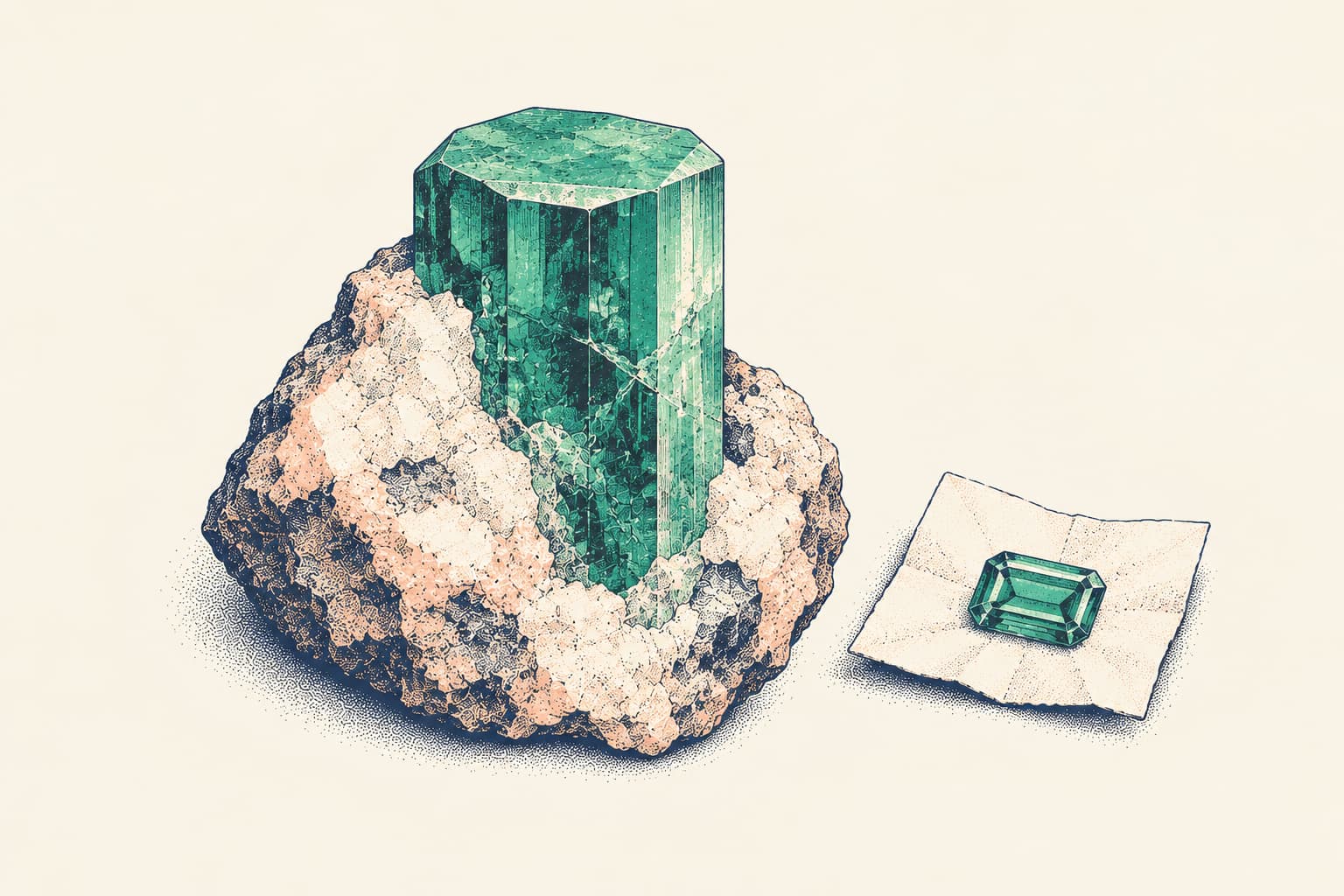 A raw hexagonal emerald crystal in a pale lump of rock, beside a folded square of gem paper holding one small step-cut emerald