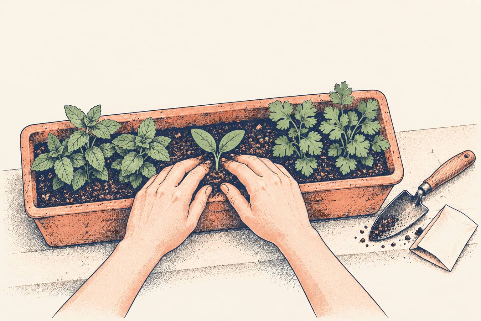 Two hands pressing soil around a young seedling in a terracotta windowsill planter of mint and coriander, with a small trowel and a seed packet beside it