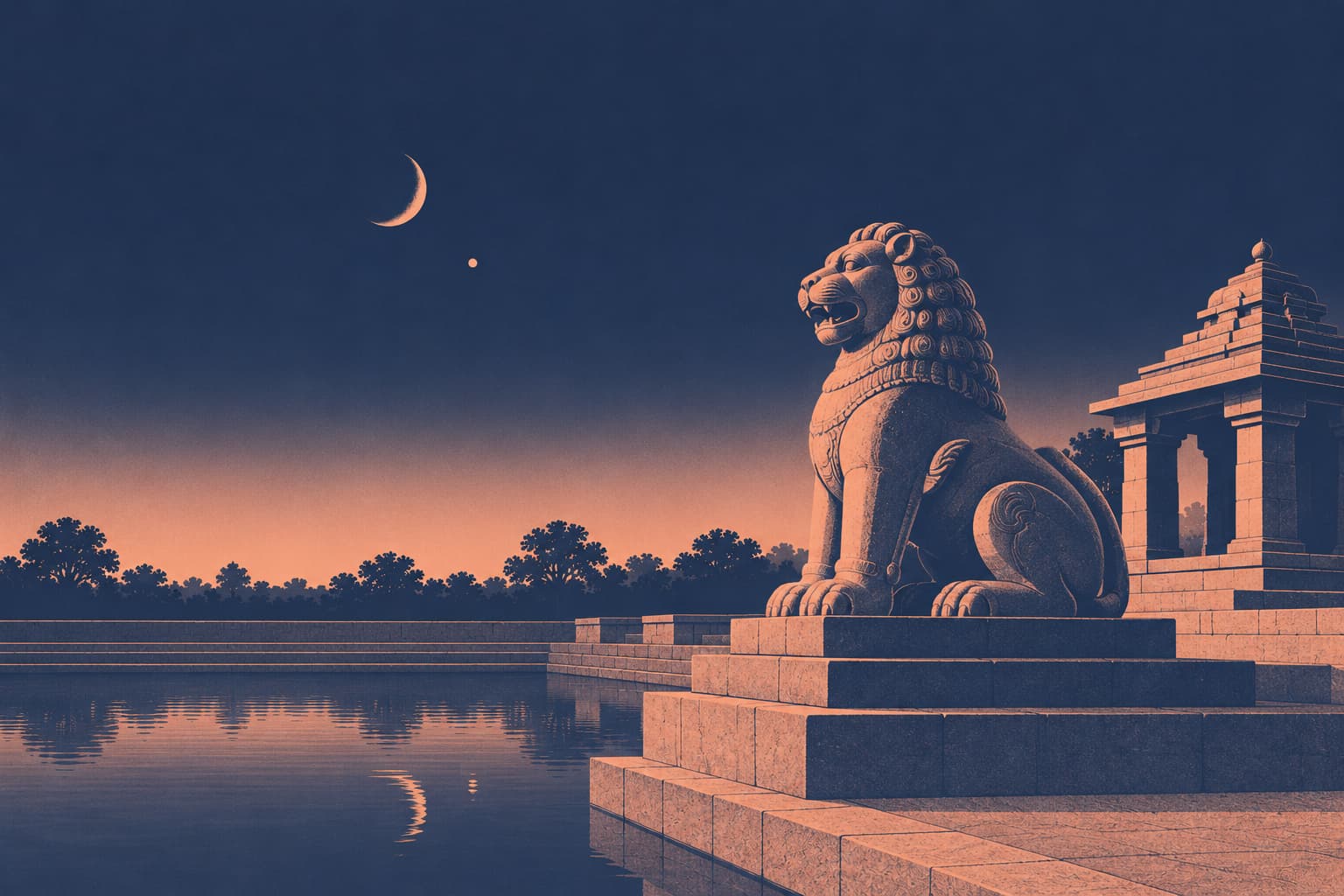 A carved stone lion on a stepped plinth beside a temple tank at dusk, with a thin crescent Moon and the small disc of Mercury low in the western sky