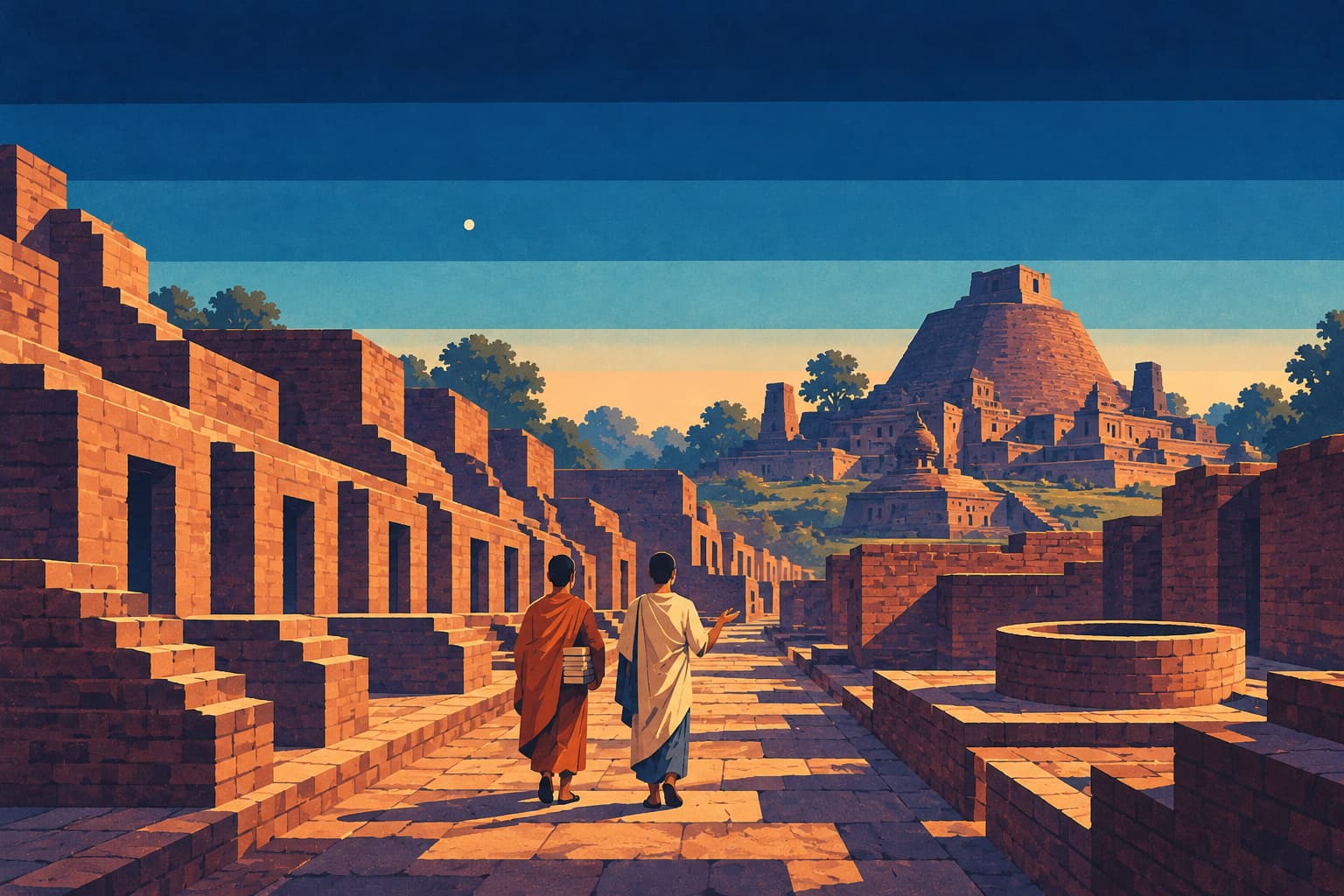 Two young students walking down a brick lane between rows of monastery cells at the ruins of Nalanda at first light, one carrying books, with Mercury as a small disc in the dawn sky
