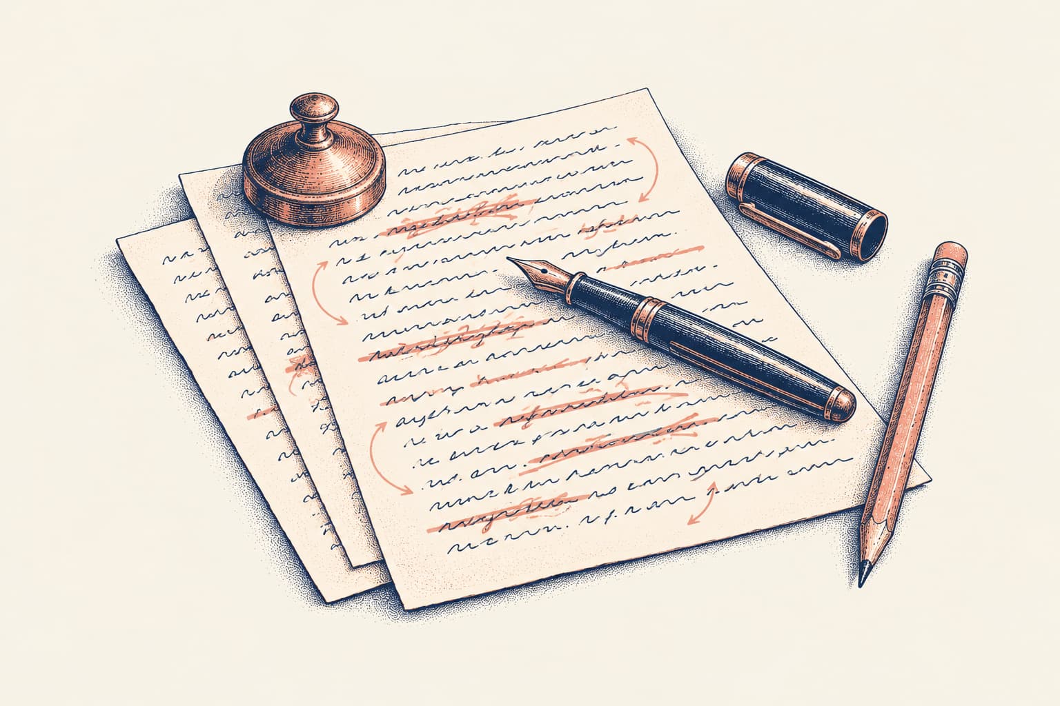 Handwritten draft pages with struck-through lines and margin arrows, a fountain pen, a pencil and a brass paperweight
