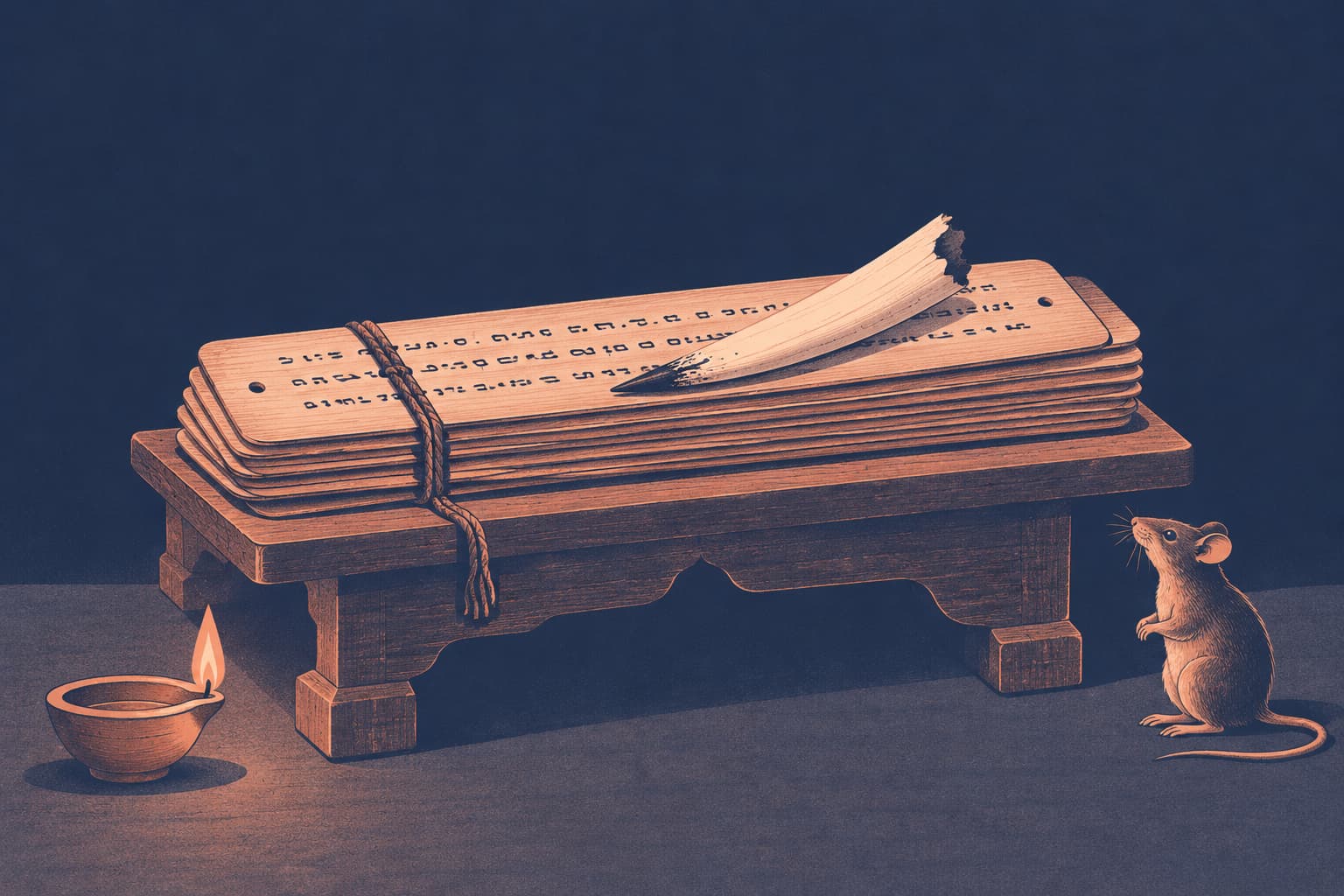 Palm-leaf manuscripts on a low wooden stand with a broken tusk resting on them as a stylus, a small mouse and a clay lamp beside them