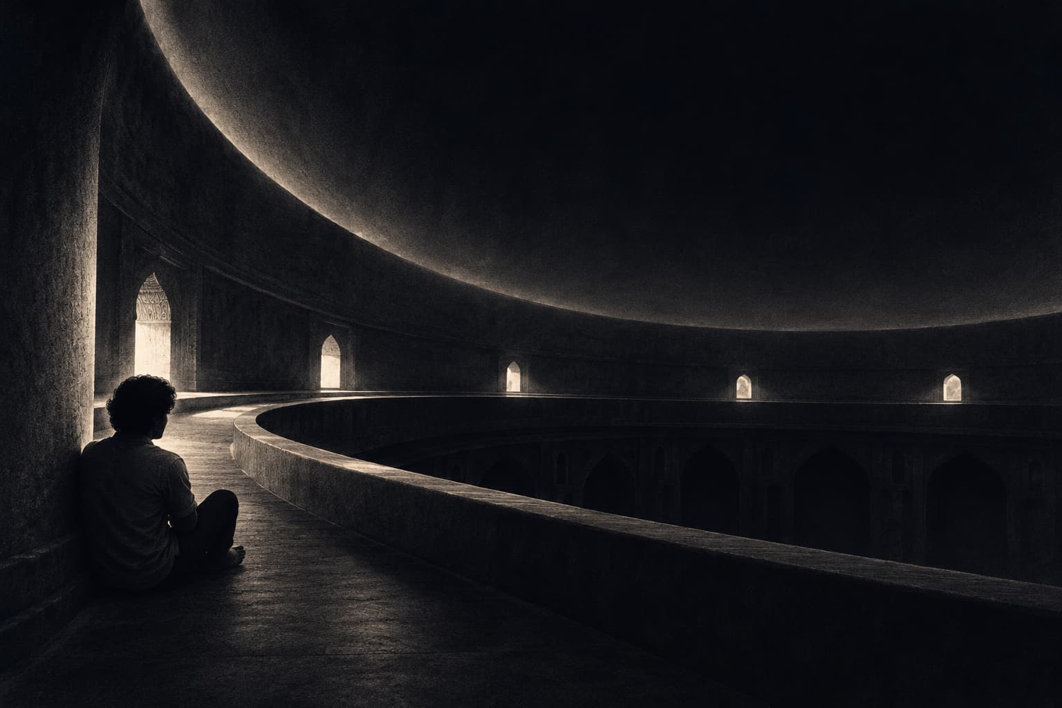 A young person sits against the curved wall of the Gol Gumbaz whispering gallery in Vijayapura, seen from behind, listening across the dark dome