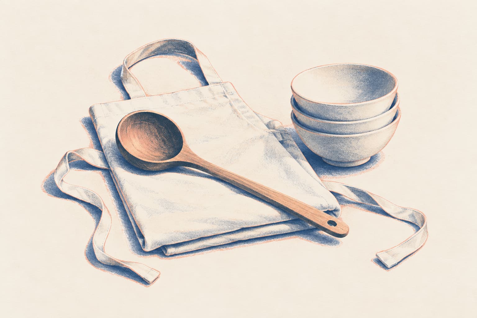 A folded white apron and wooden ladle beside three stacked bowls, drawn in night blue and rose