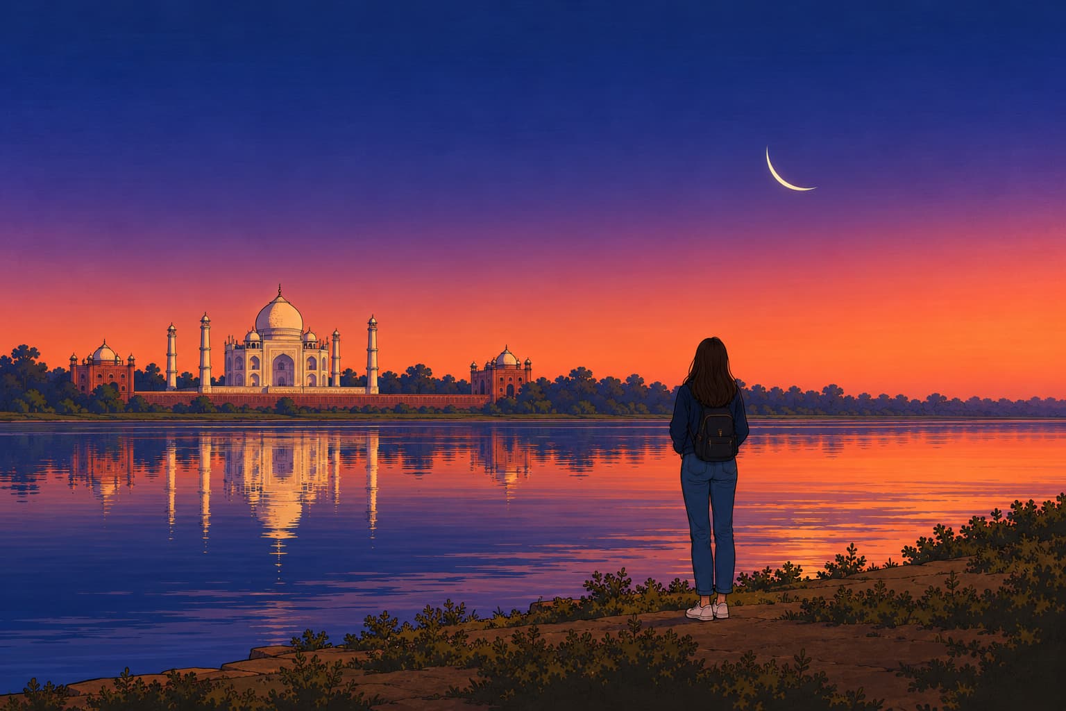 A young woman on the Yamuna's bank at dusk watching a thin waxing crescent, the Taj Mahal across the river