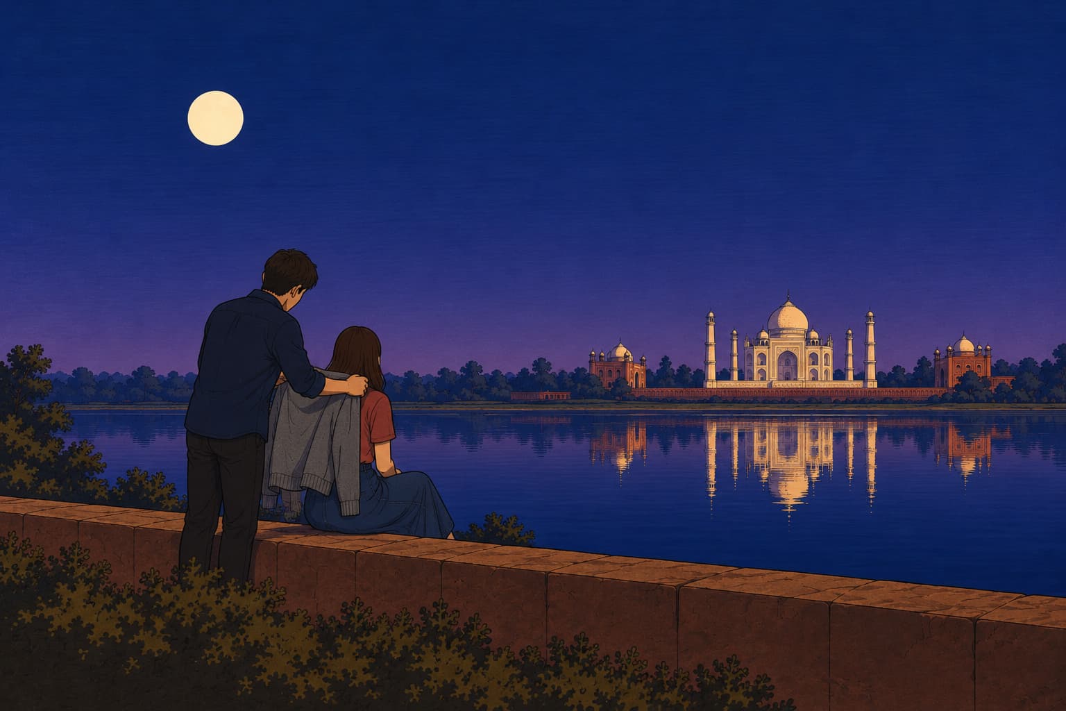 A young man laying a cardigan over a young woman's shoulders by the Yamuna at night, under the full Moon