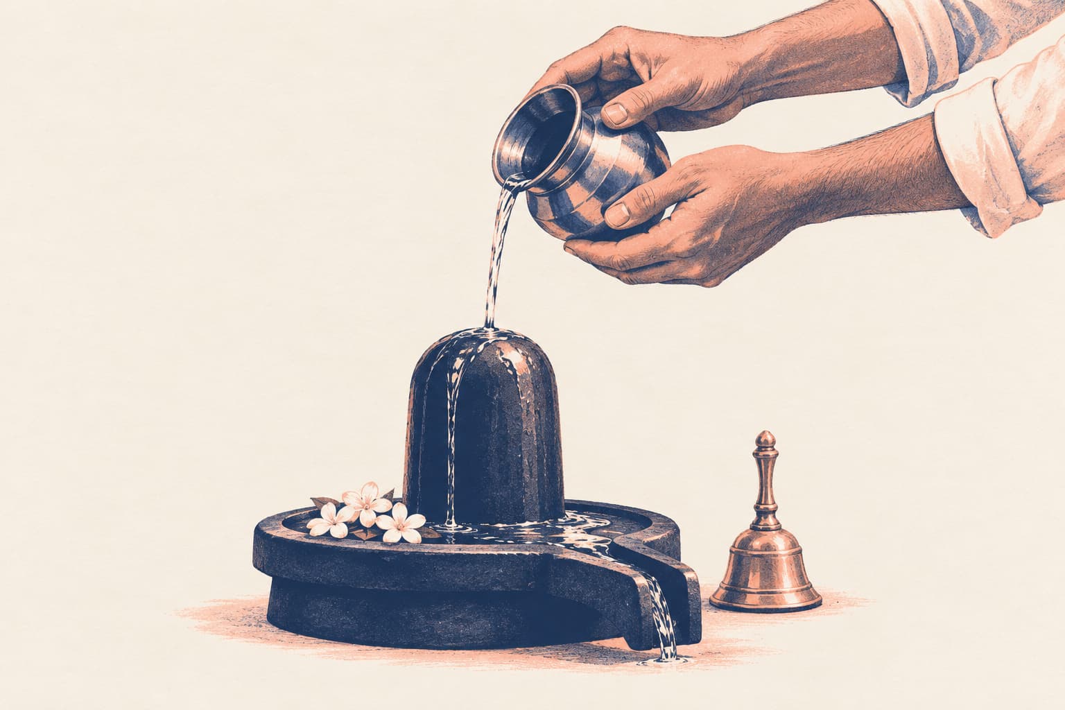 Two hands pouring water from a steel lota over a black stone Shiva lingam beside jasmine and a brass bell