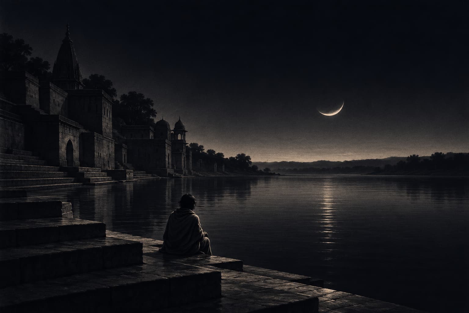A person in a shawl alone on the Maheshwar ghats before dawn, a thin waning crescent low over the Narmada