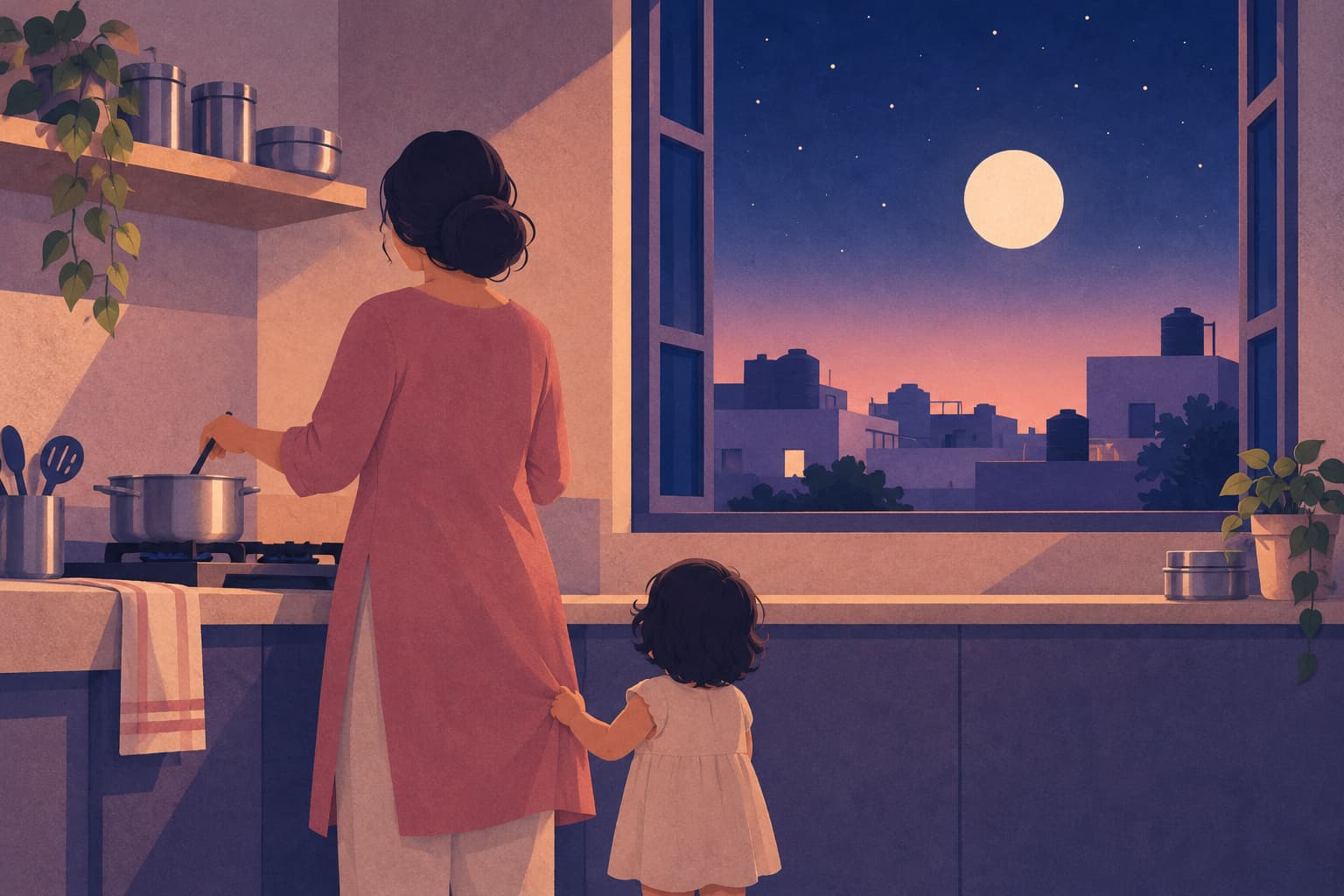 A young mother at the stove at night, her toddler holding her kurta, the full Moon over the rooftops outside