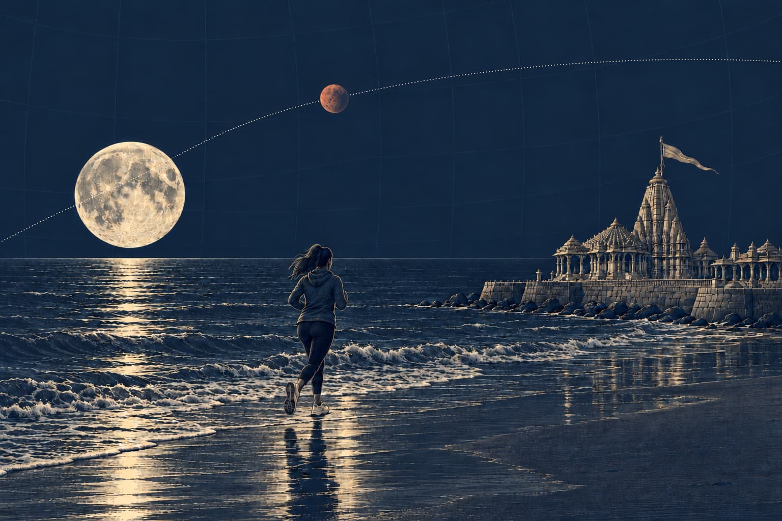 A young woman running along the beach below the Somnath temple before dawn, the full Moon setting over the sea and Mars higher on the ecliptic
