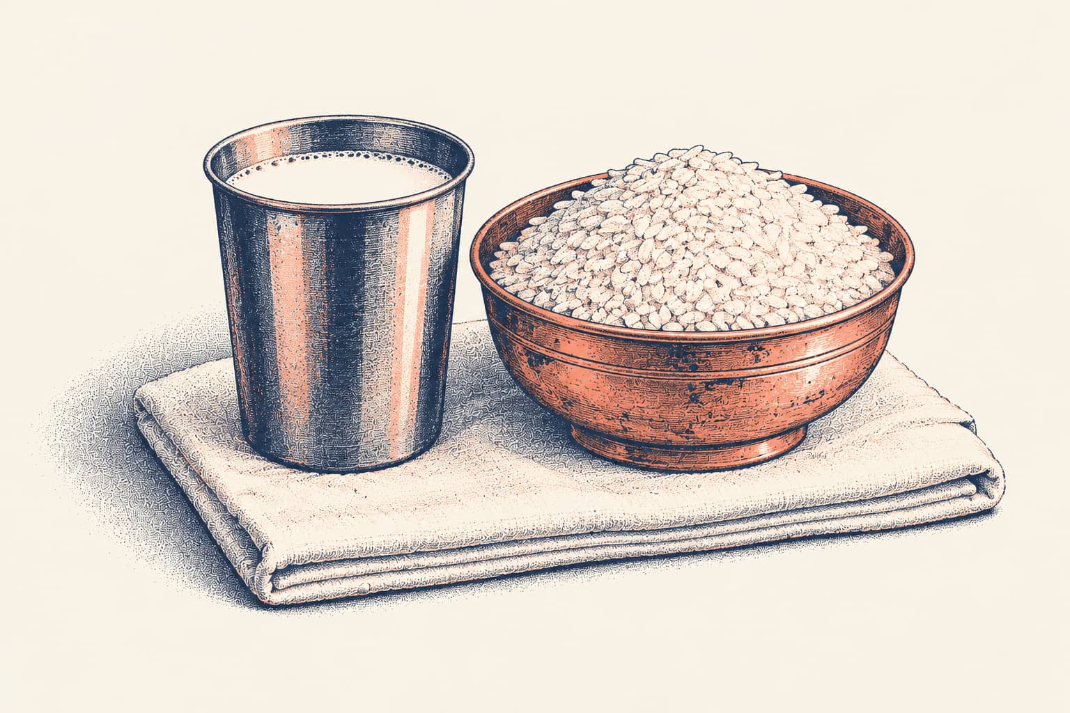 A steel tumbler of milk and a brass bowl of white rice on a folded white cloth, set out to be given away