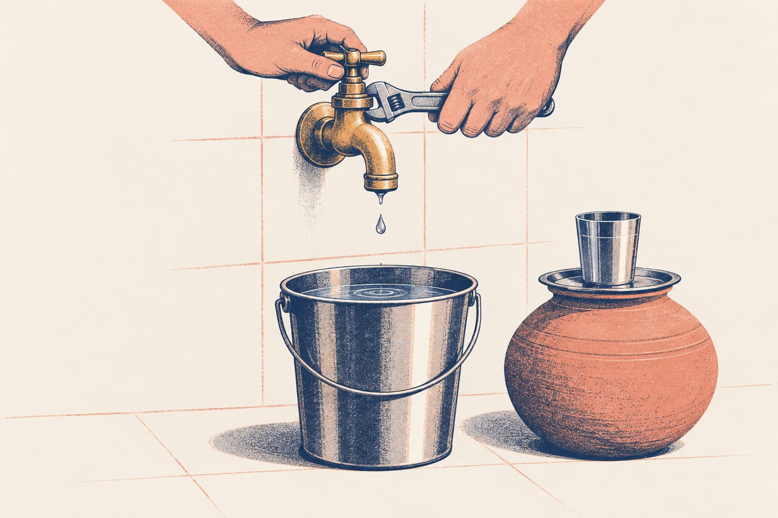 Two hands tighten a dripping brass tap with a spanner above a steel bucket of water, beside a clay water pot with a steel tumbler on its lid