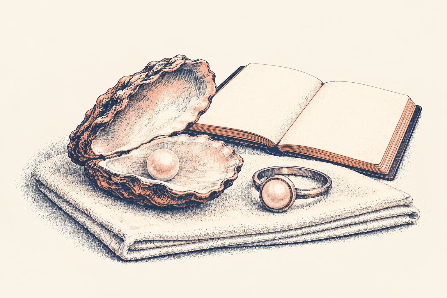 A natural pearl in an open oyster shell beside a plain silver ring set with a round pearl, on a folded white cloth with a blank notebook behind
