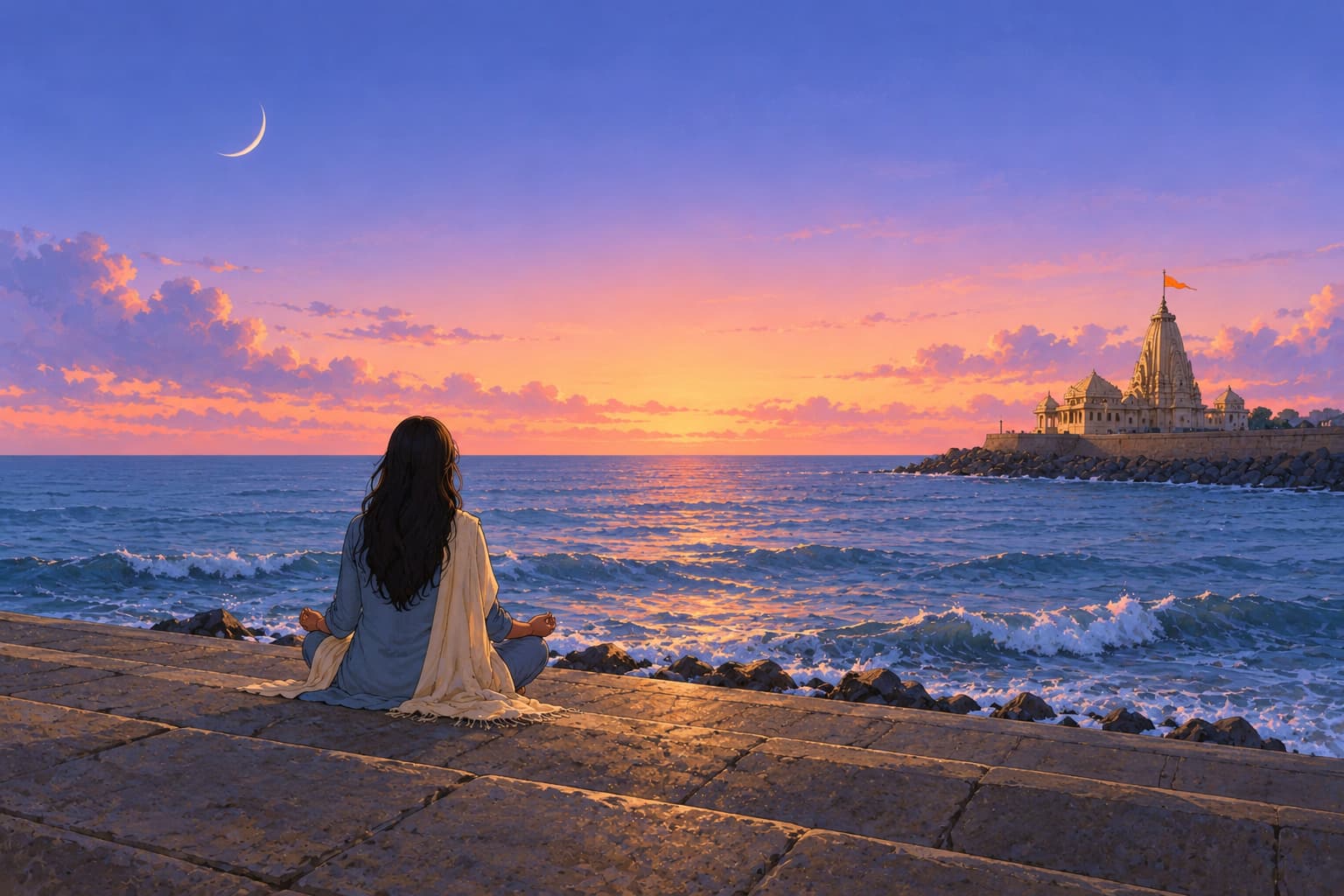 A young woman in a blue kurta and cream shawl sits cross-legged on the sea wall at Somnath at first light, seen from behind, with the temple small in the distance