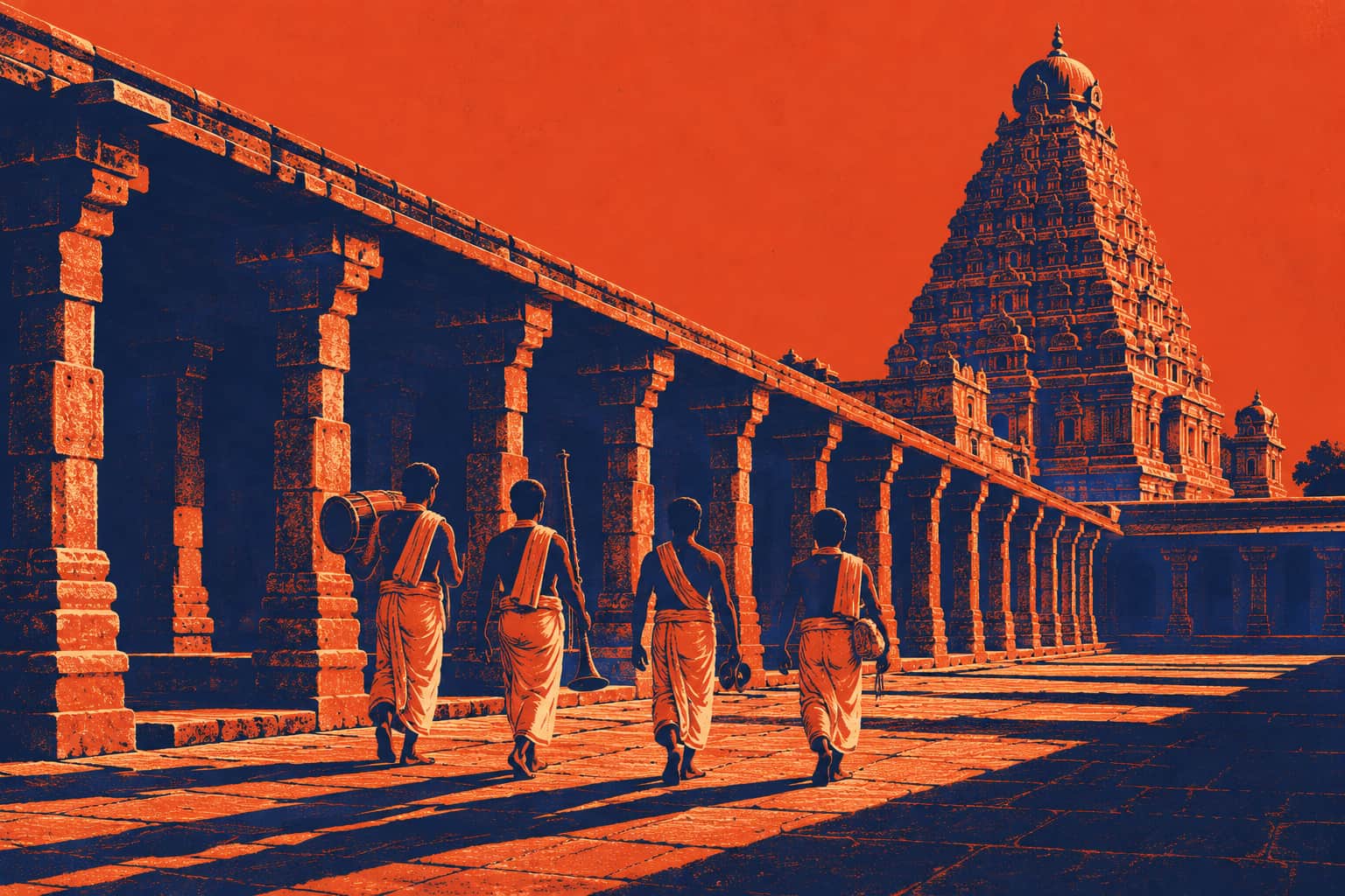 Four young musicians carrying a mridangam, a nadaswaram and cymbals walk together along the stone cloister of the Brihadeeswara Temple in Thanjavur at dawn